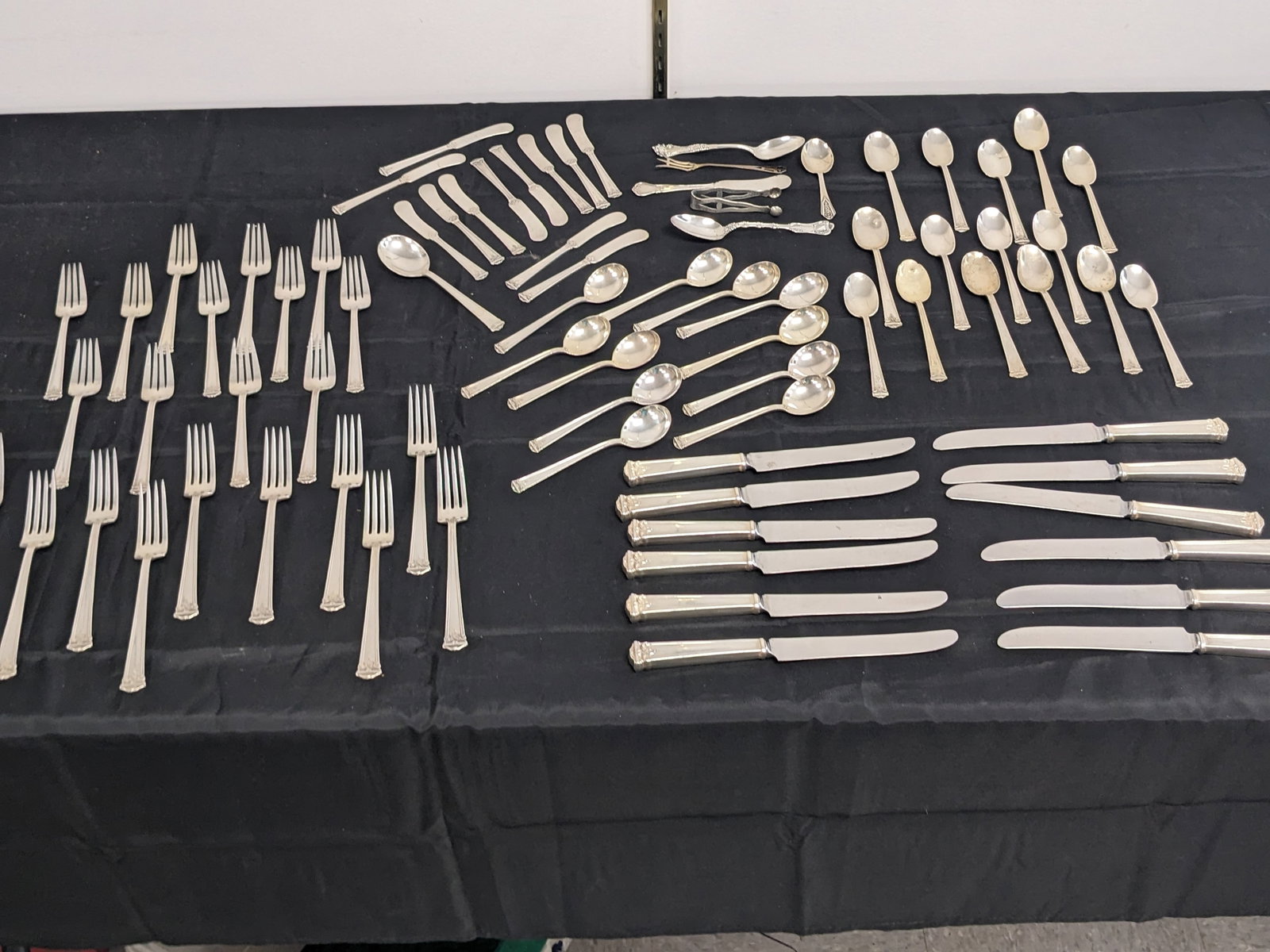 Set of JSC Sterling: Set of JSC Sterling 2050 Grams (does not include dinner knives w/ stainless blades) 1 Sugar Spoon, 15 teaspoons, 11 cream soup spoons, 11 dinner forks, 12 salad forks, 12 all sterling butter knives, 6