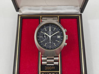 1976 Omega Speedmaster Mk III with Box & Papers: Vintage Omega Speedmaster Mark III automatic chronograph wristwatch, featuring the robust Caliber 1040 movement. This 1970s-era timepiece is in excellent cosmetic condition. Fully complete with origin
