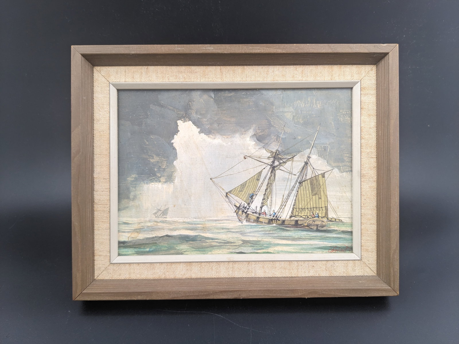 Signed Painting on Canvas Trade Schooner North Of Cuba Signature illegible: signed Painting Trade Schooner North of Cuba signature illegible image 6.75 X5 framed 9x7