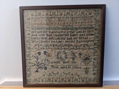 Sampler: Old possibly antique (undated) square sampler signed Charlotte Bone her work aged 10 years. 14 in x 14in.