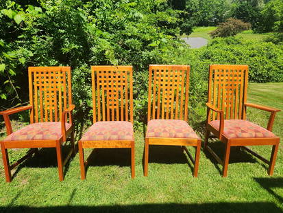 Stickley 21st Century Dining Chairs Set of 4: Set of 4 Stickley 21st Century Dining Chairs in a light cherry finish with rose and teal geometric upholstery in the seats. This design is arts and crafts influenced in the style of Rennie MacKintosh.
