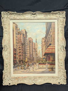 Mid-Century NYC Corner of 5th Ave & E 12th St, Oil Painting on Board: NYC Corner of 5th Ave & E 12th St, Oil Painting on BoardFrame 27.5x31.5Image 19.25x23.25