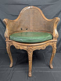 Louis XV Style Corner Chair with Green Leather Cushion: Louis XV Style Corner Chair with Green Leather Cushion27x26x37Damage to back caning shown