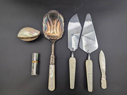 Assorted Mother of Pearl Items: Serving Spoon with Sterling Silver, Stainless Cake Knives, Perfume Vial, Trinket Box, and Butter Knife