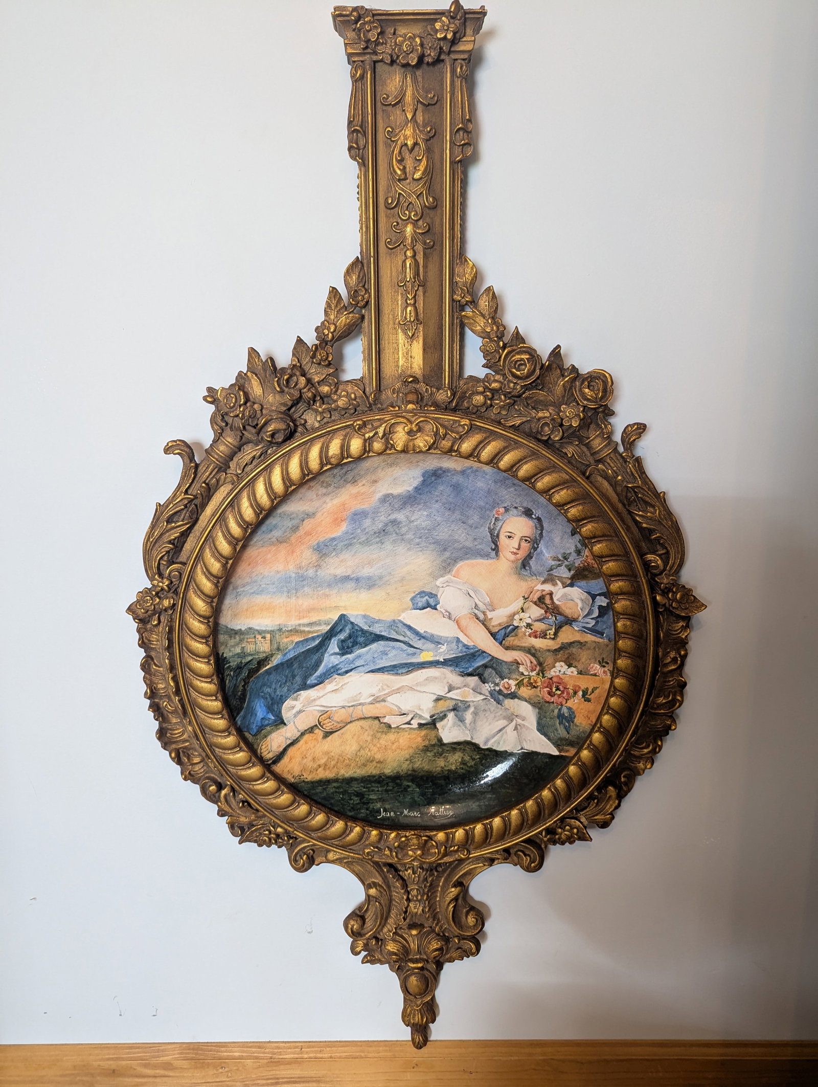 Framed reproduction of Royal Vienna plaque scene of "Cupid and Psyche".: Framed reproduction of Royal Vienna plaque scene of "Cupid and Psyche". Handmade and painted in Italy, signed Jean-Marie Nattier. 26" x 48", Plate 19" diam.