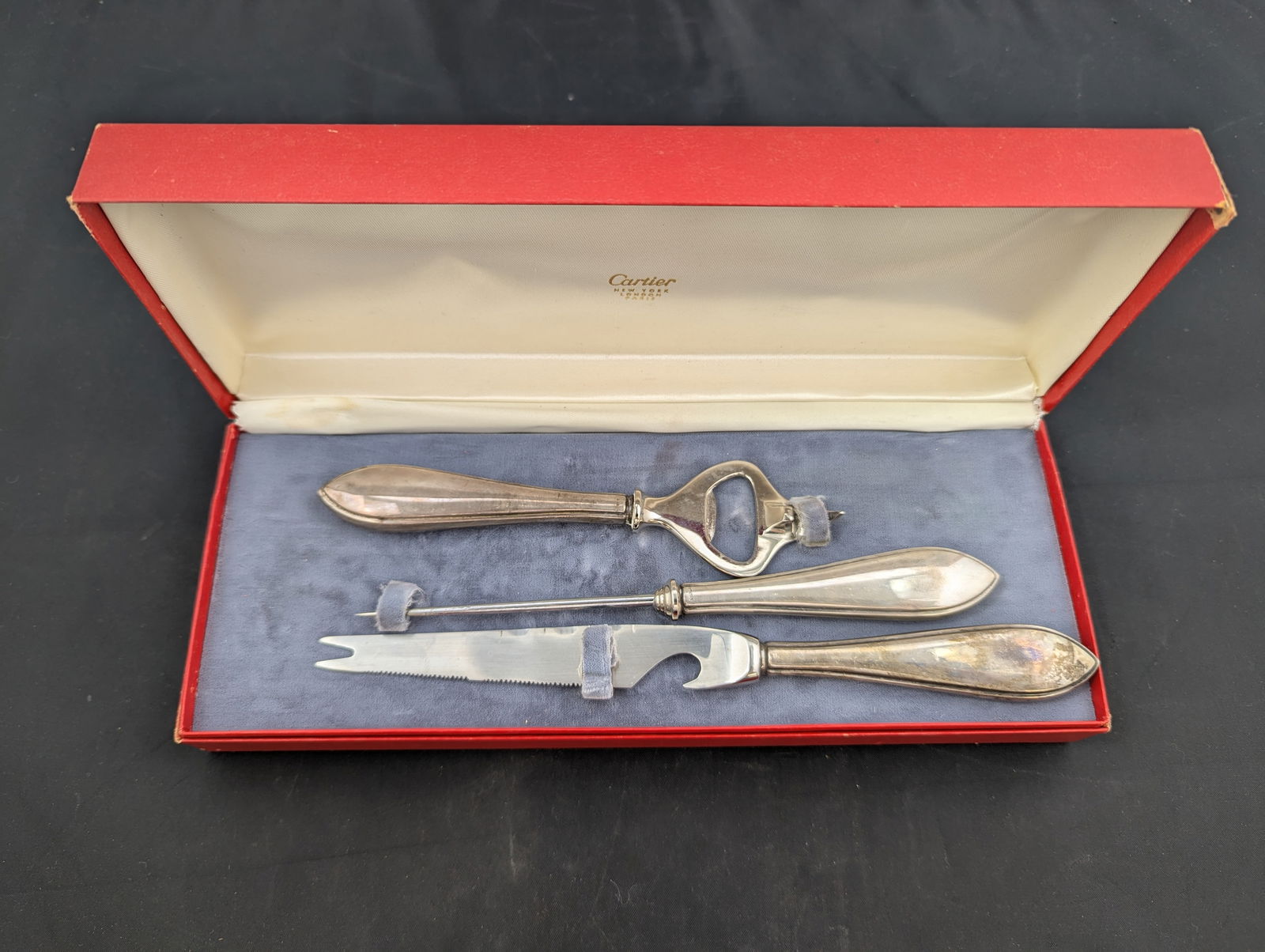 Cartier, 3 piece bar set, sterling handles, in original box. (1 of 12)