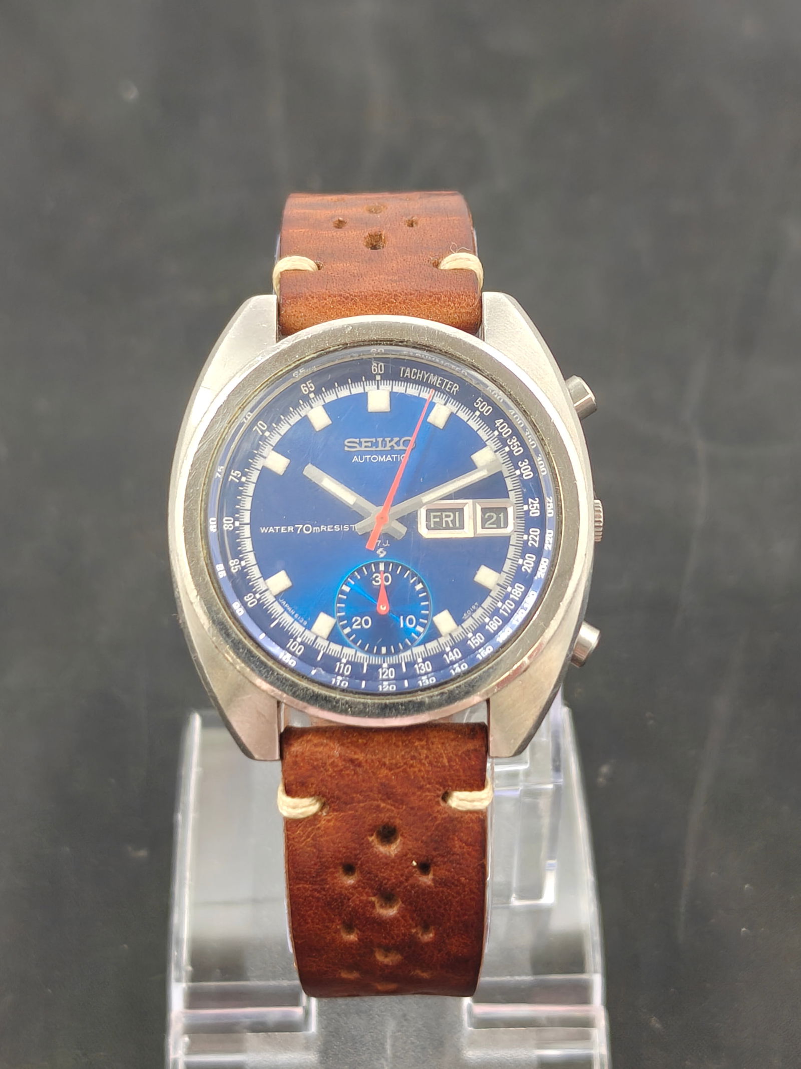 Seiko Speedtimer 6139-6019 Automatic Chronograph, "Bruce Lee", Blue Dial, Fluco Racing Strap (1 of 11)
