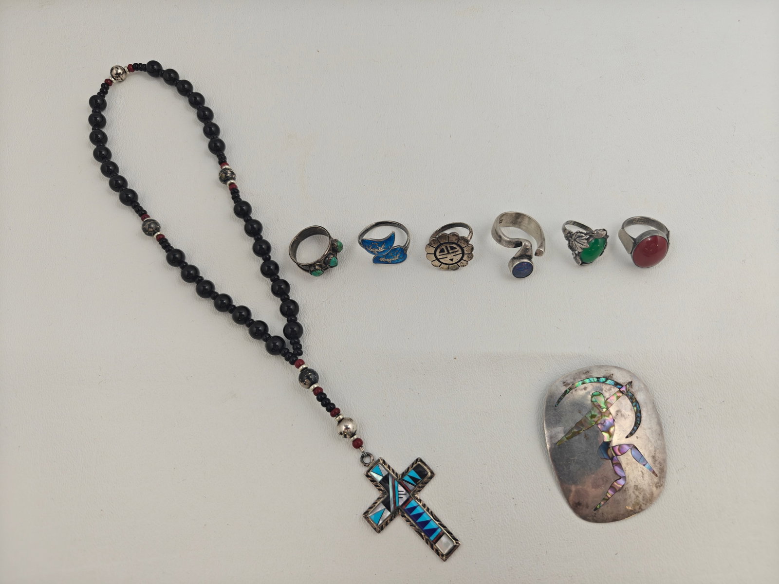 Six Sterling and Stone Rings, Brooch and Necklace: Six Sterling and Stone Ring, Brooch and Necklace; Brooch and Necklace are Mexican Sterling