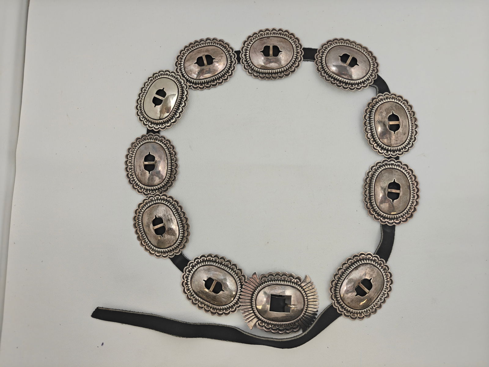 Ernest Bilagody signed Sterling and Leather Concho Belt Buckle, marked Sterling, weight 685g. (1 of 6)