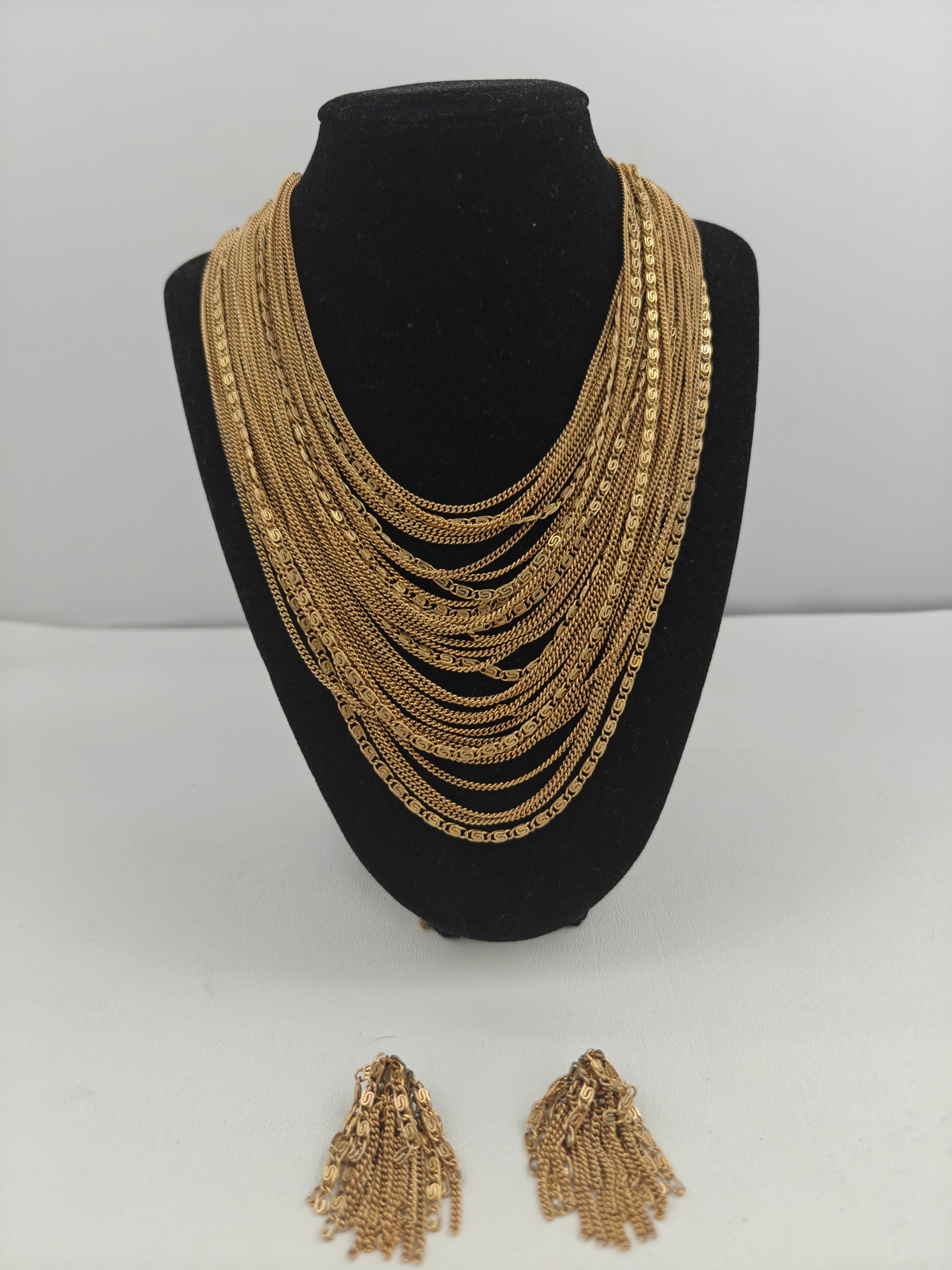 Gold tone Multi-Layer Necklace and Clip Earrings: Vintage Gold tone Multi-layer Necklace and Clip Earrings Necklace 14in with 5 inch drop