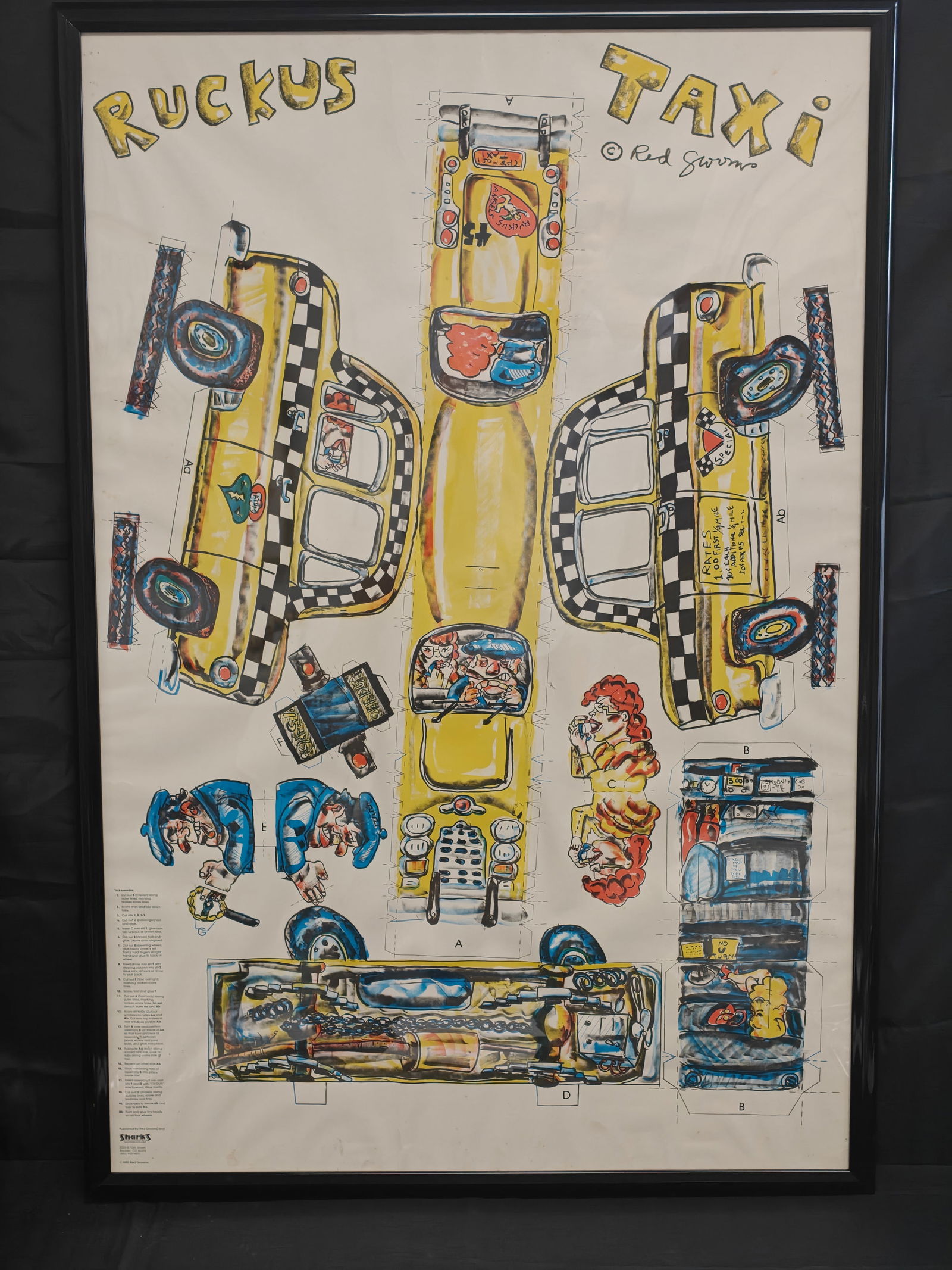 Red Grooms Ruckus Taxi Cut-Out Lithograph, 1982: Colorful offset lithograph by Red Grooms (American, b. 1937), titled Ruckus Taxi, published 1982 by Shark’s Lithography Ltd., Boulder, CO. This lively work is designed as a cut-and-assemble model fe