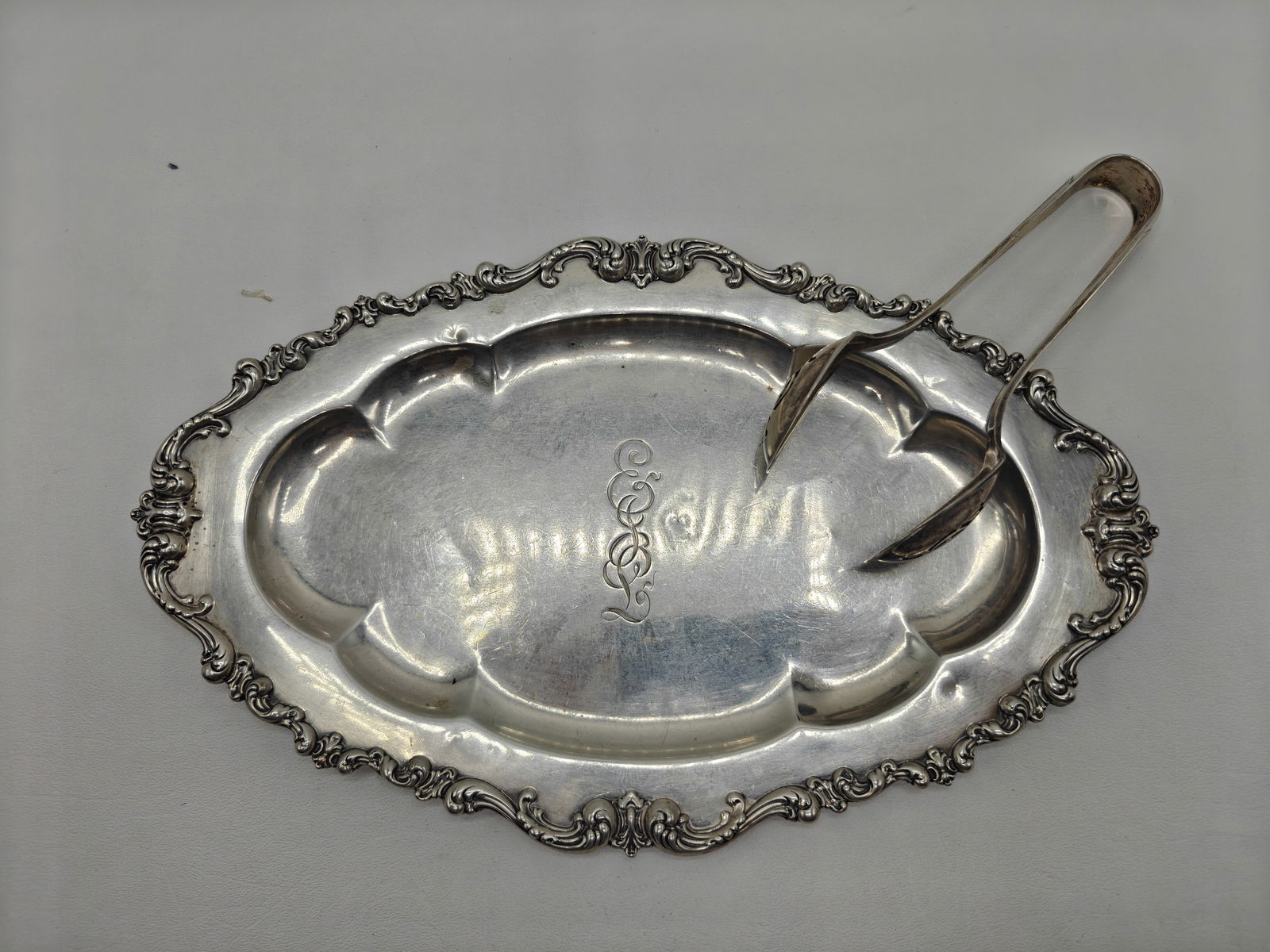 Wallace Sterling Silver Tray with Sterling Serving Tongs, 12 Inches, 394 Grams (1 of 10)