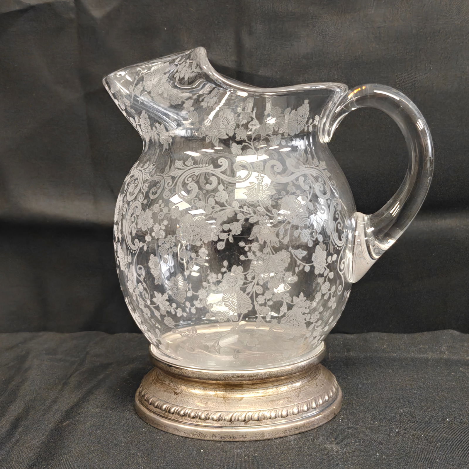 Cambridge Glass Chantilly Etched Crystal Pitcher with Sterling Silver Base (1 of 3)