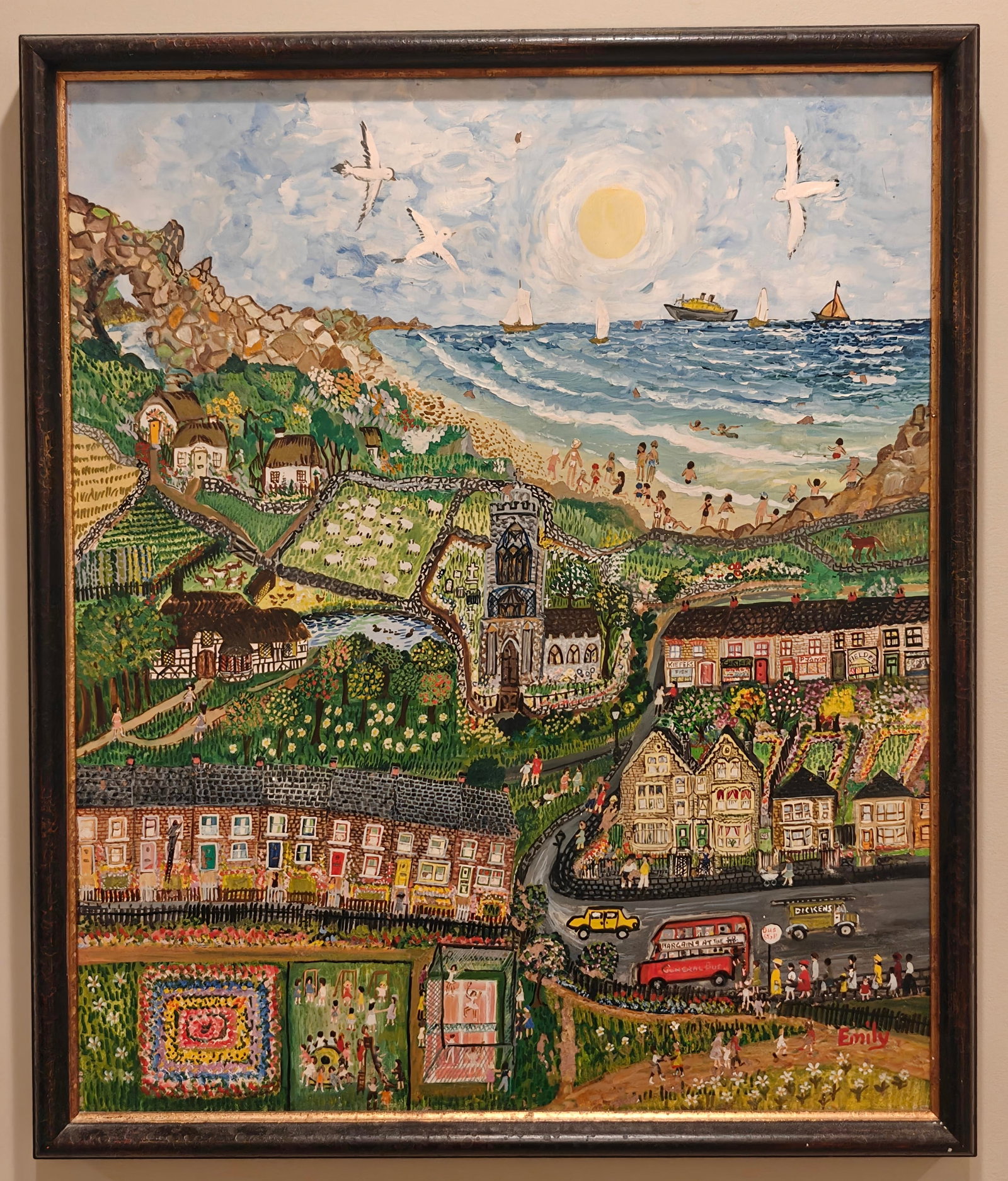 Emily Chrisp Landscape Painting: Acrylic on board, signed by British artist Emily Chrisp (1912–1974). The work depicts a vibrant, detailed landscape with seaside, village, and countryside elements, painted in her characteristic na�