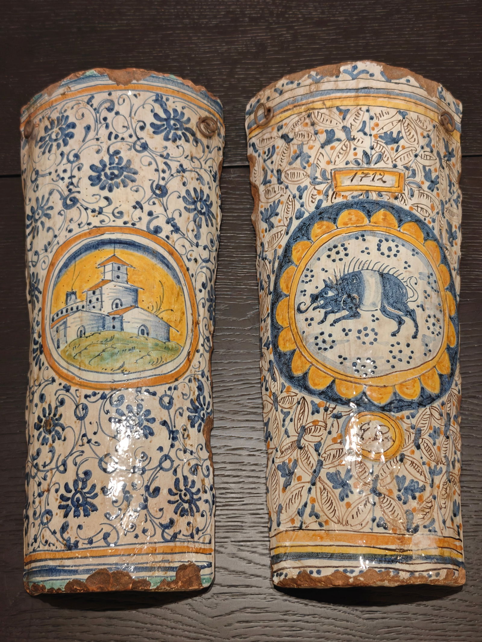 Pair of Italian Hand-Painted Terracotta Roof Tiles, Dated 1712 (1 of 8)