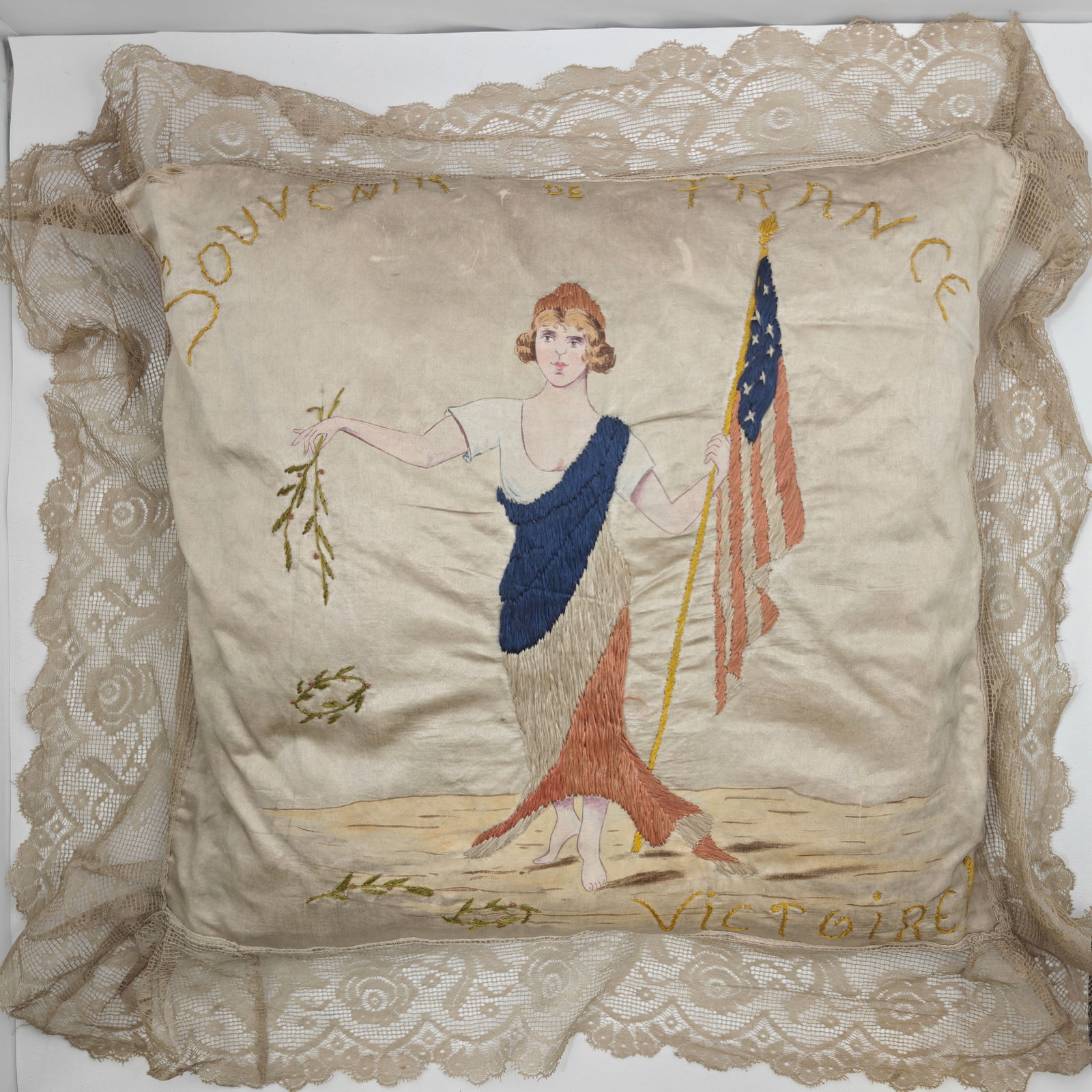 WWI Era "Souvenir de France" Embroidered Silk Victory Pillow (1 of 7)