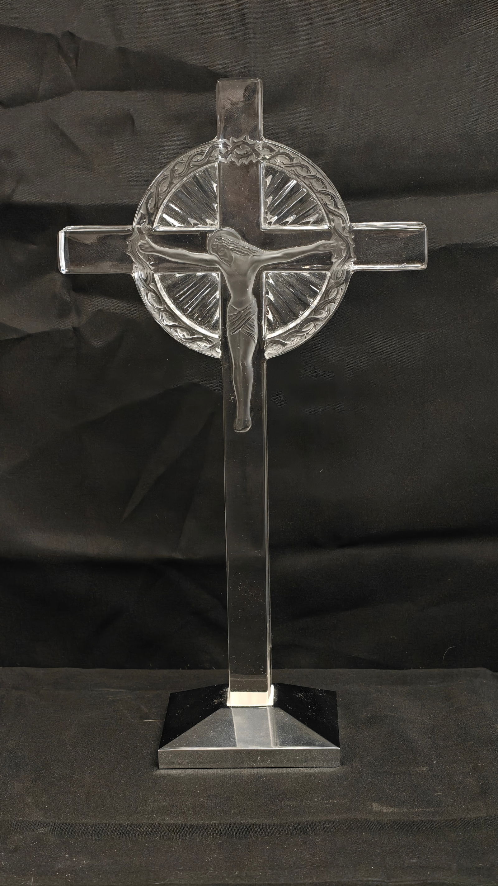 Lalique France Crystal Crucifix with Crown of Thorns on Silver Base (1 of 5)