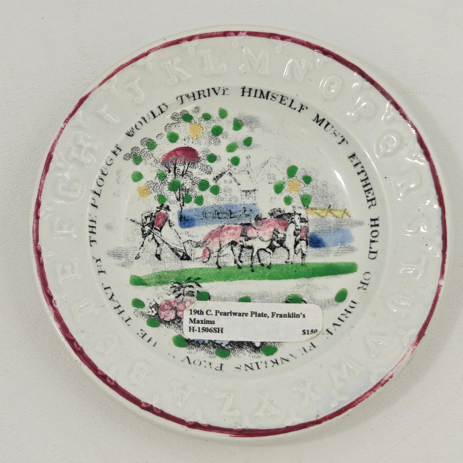 19th Century Pearlware Alphabet Plate, Franklin's Maxims (1 of 3)