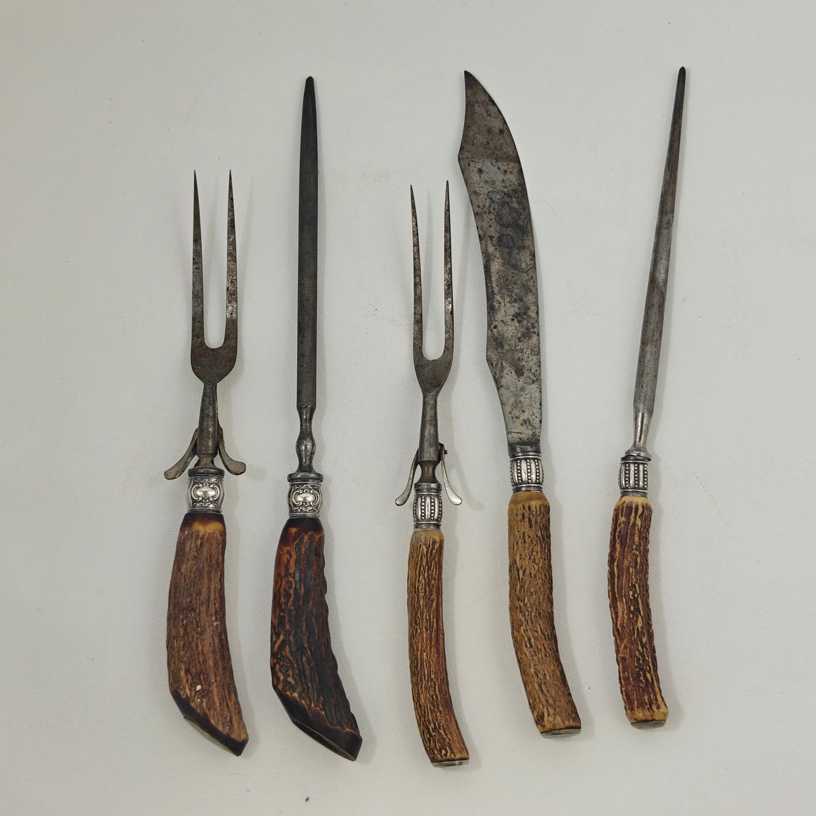Set of Five Stag Horn Carving and Serving Utensils with Sterling Mounts (1 of 4)