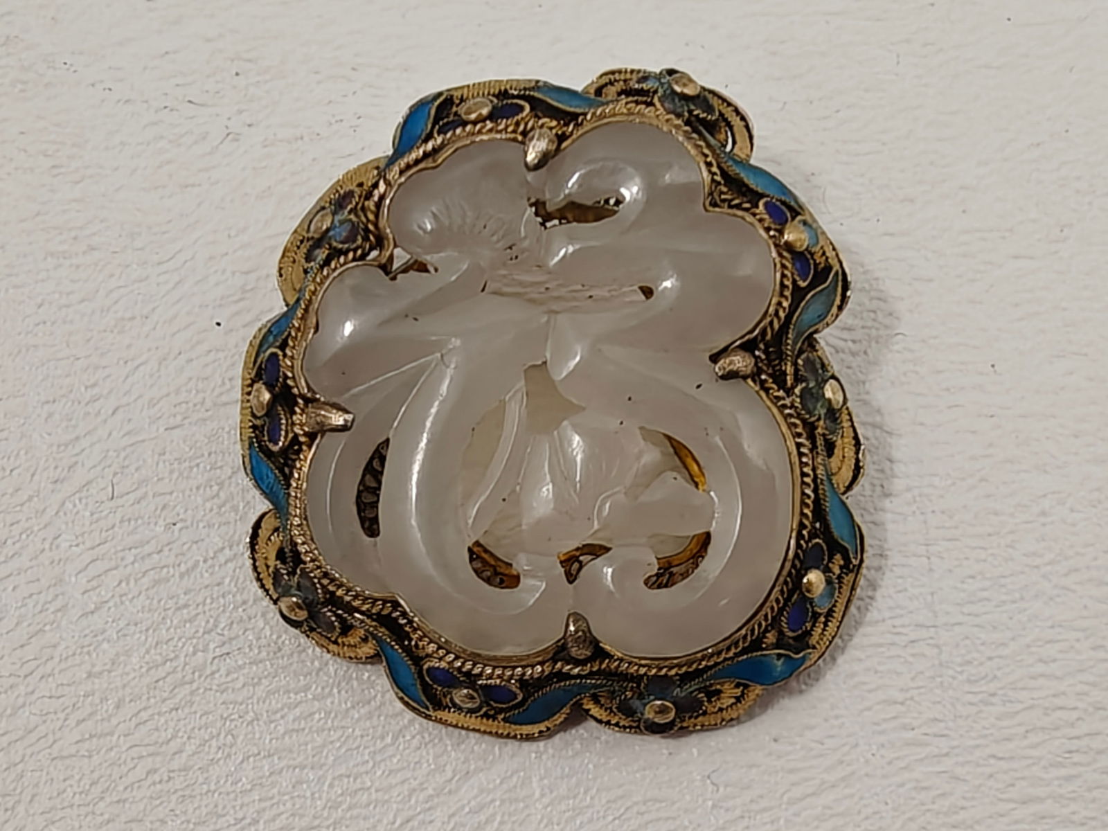 Antique Chinese Gilt Silver and White Jade Brooch (1 of 5)