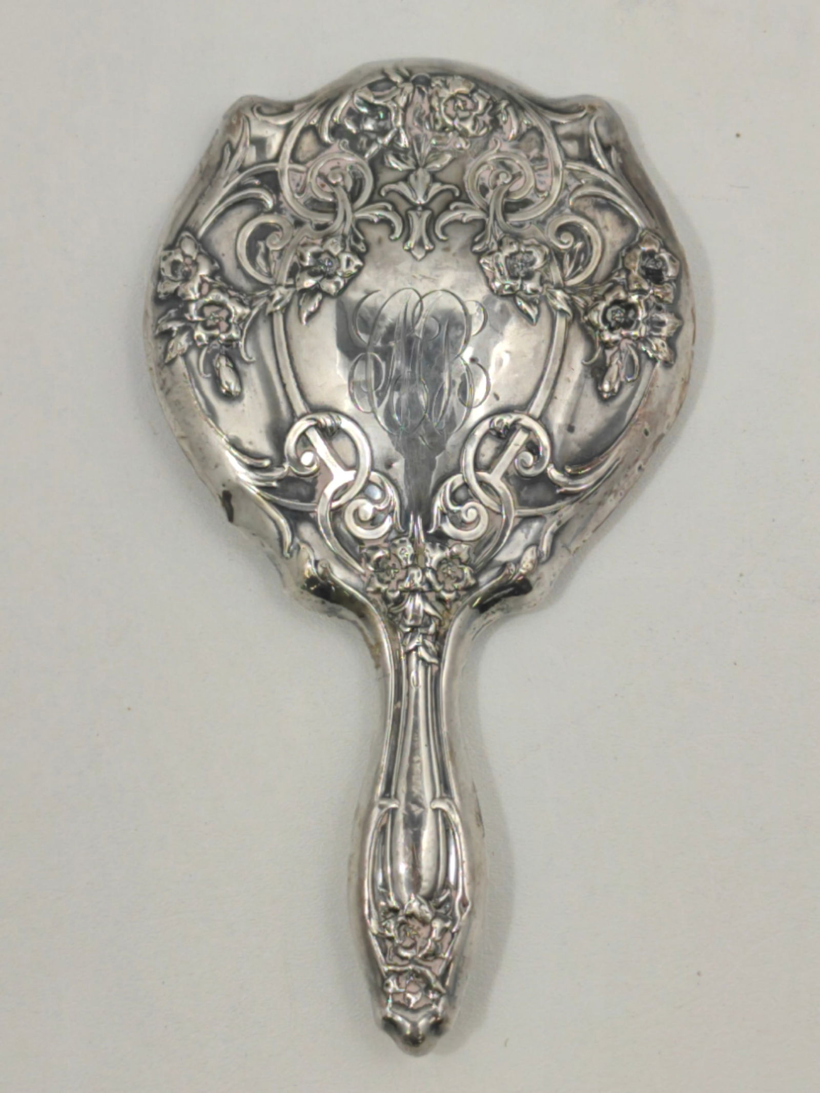 Sterling Hand Mirror with Beveled Glass: Sterling Mirror with Beveled Glass , Monogramed, Total weight including mirror 345 gramsSterling Mirror with Beveled Glass, 9 1/2 in X 5 inches, total weight 345 grams
