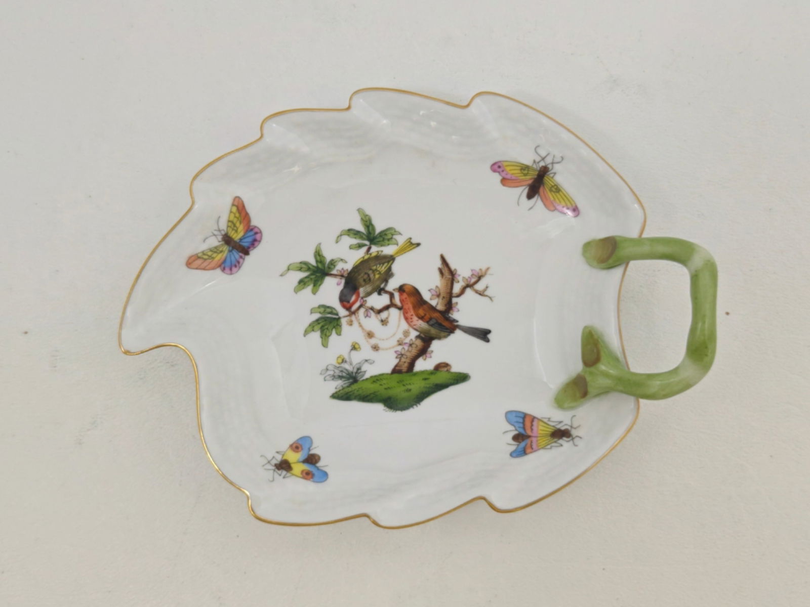 Herend Hungary Rothschild Bird Porcelain Leaf-Form Dish, Hand-Painted (1 of 4)