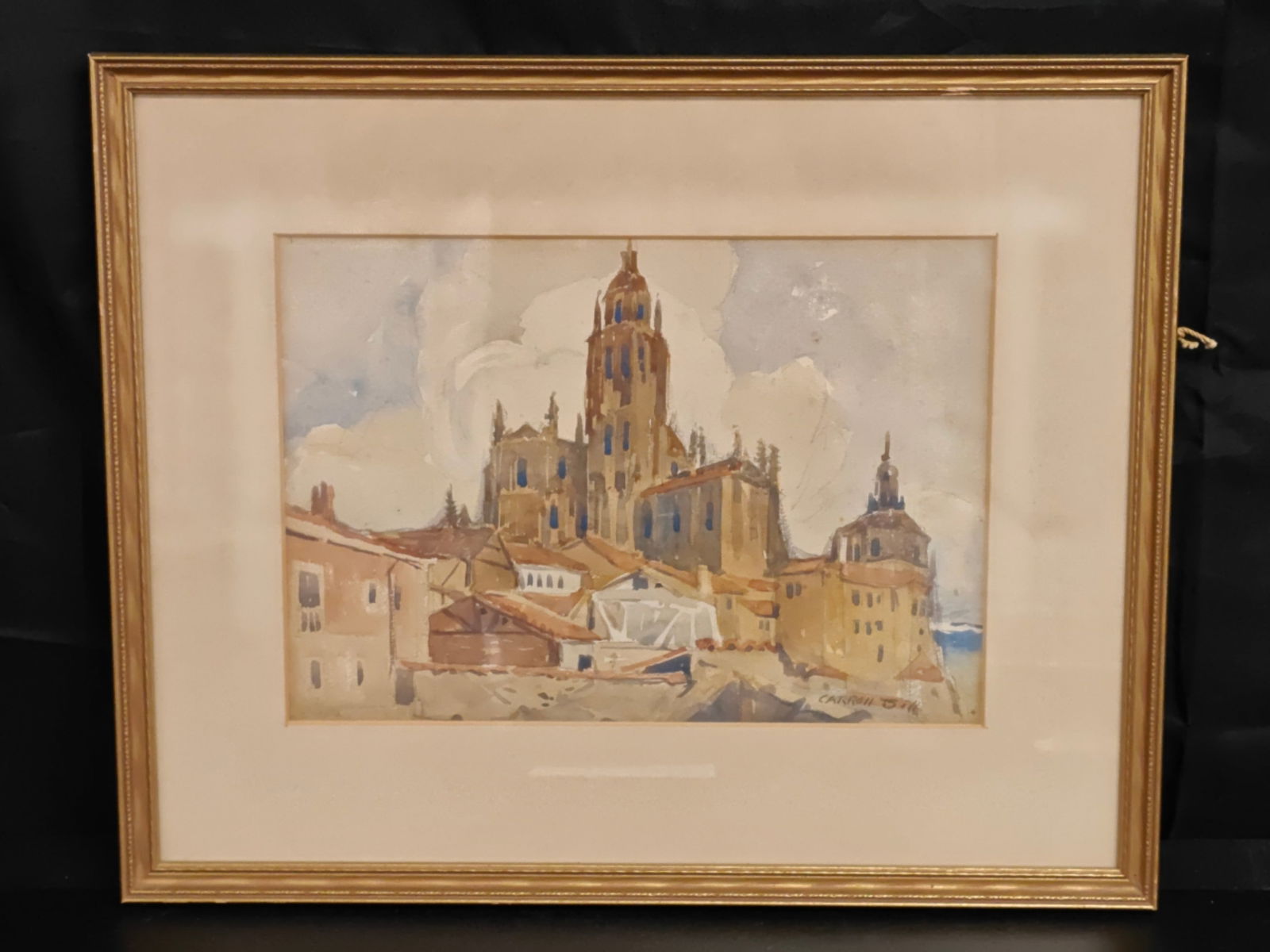 Carroll N. Bill (American, 1875–1966) Coastal Cathedral Scene Watercolor: Original watercolor painting by Carroll N. Bill, depicting a Mediterranean-style coastal town dominated by a cathedral tower rising above clustered terracotta rooftops. The composition features warm
