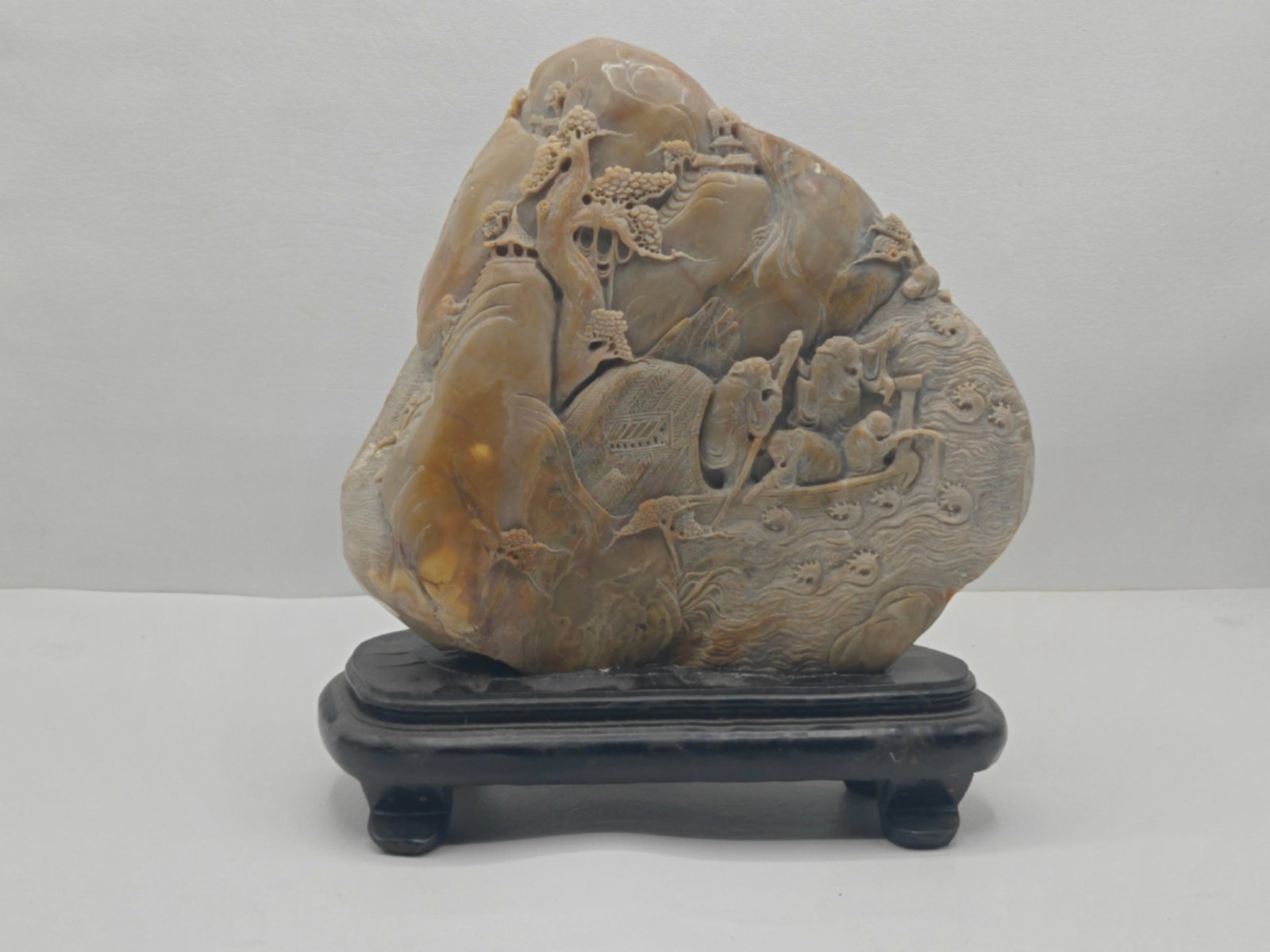 Chinese Carved Shoushan Stone Landscape with Figures on Wood Stand (1 of 6)