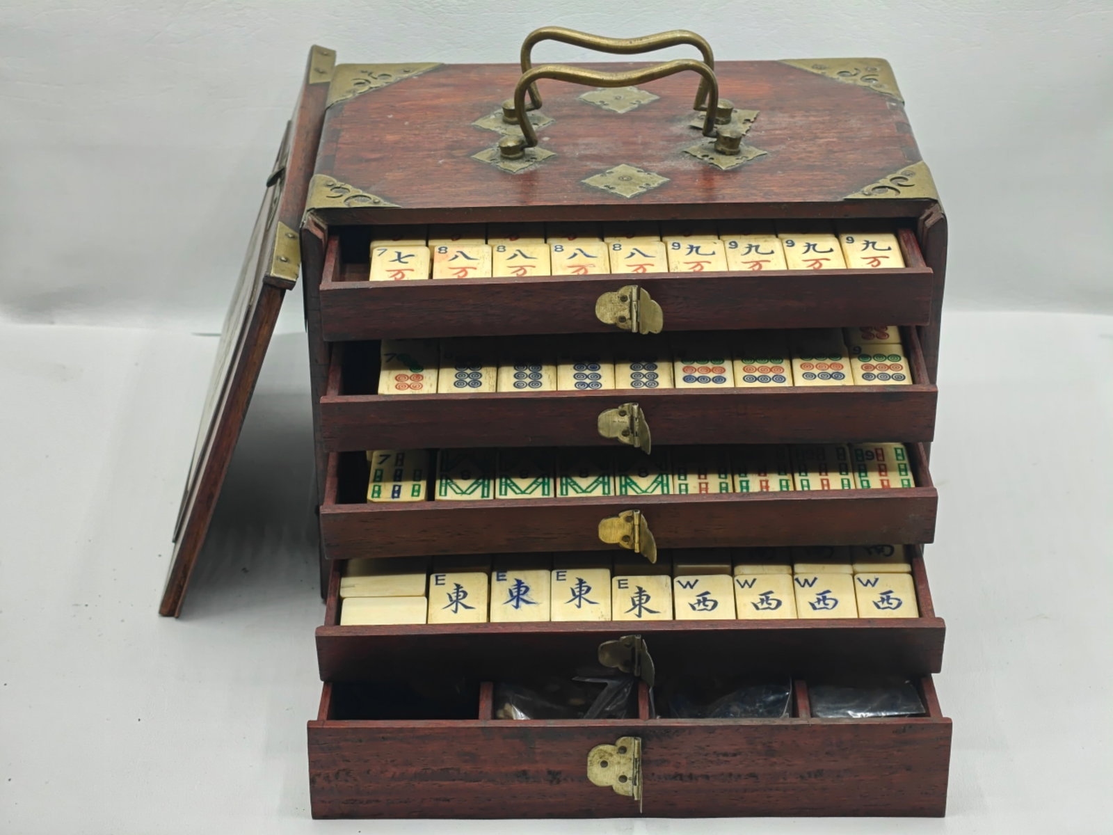 Antique Chinese Mah Jong Set in Wood Case with Bone and Bamboo Tiles (1 of 13)