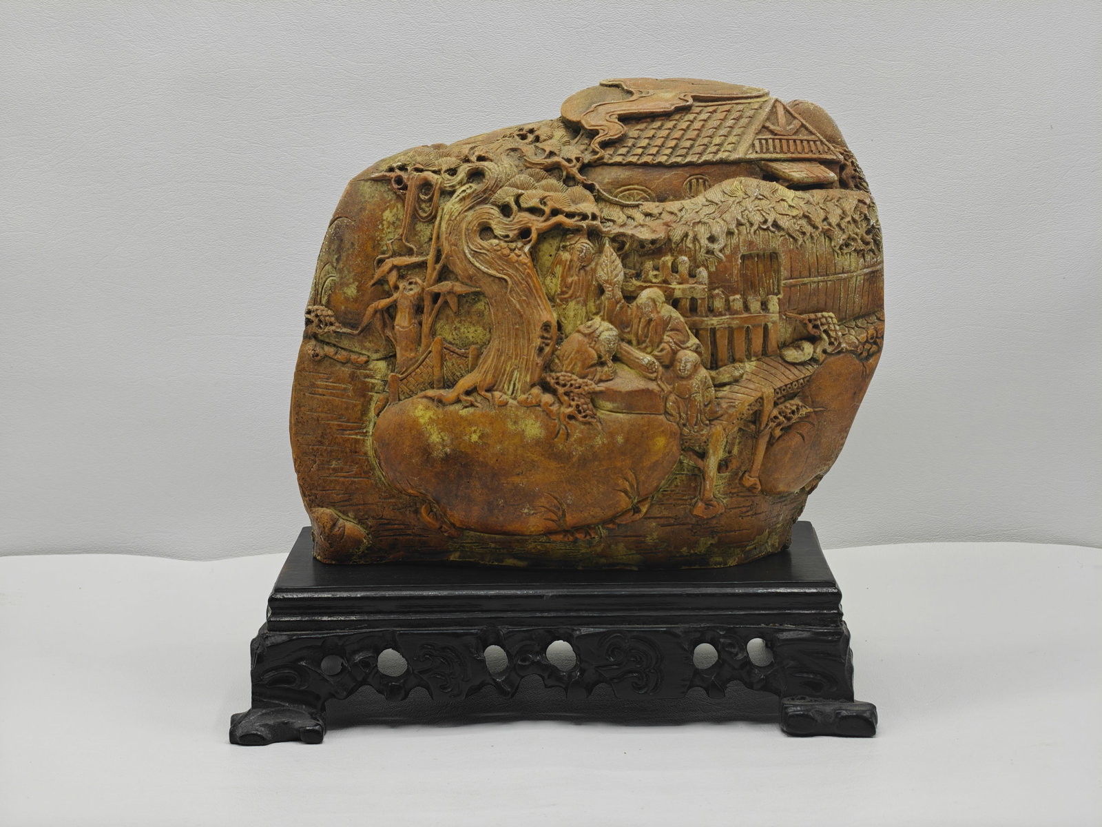 Vintage Chinese Carved Stone Village Scene Sculpture on Wooden Stand (1 of 5)
