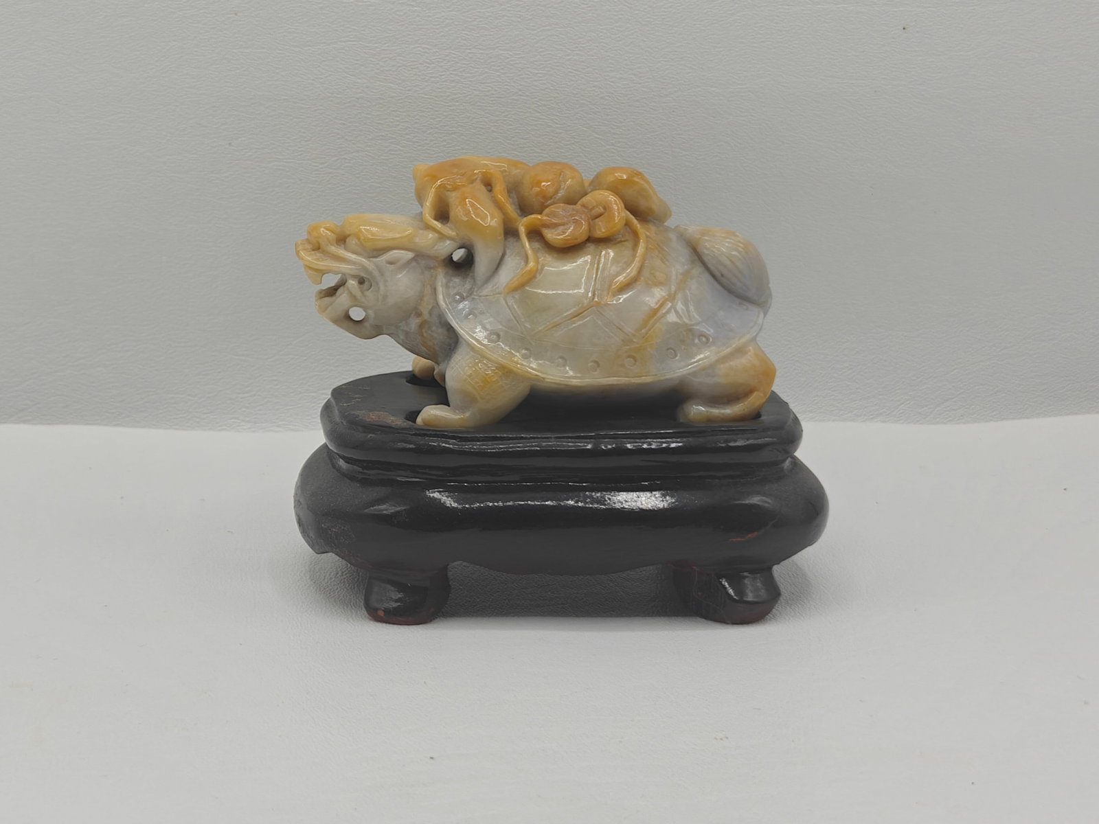 Chinese Shoushan Stone Carved Dragon Turtle Figure on Wood Stand (1 of 5)