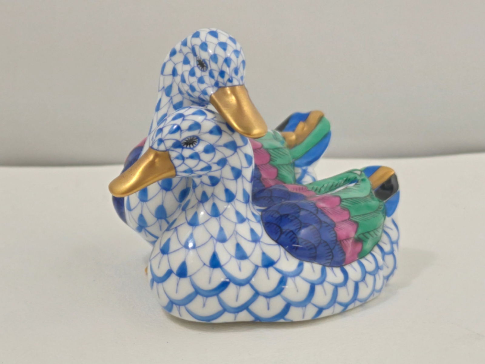 Herend Hand-Painted Porcelain Pair of Ducks Figurine, Blue Fishnet with Polychrome Accents (1 of 5)