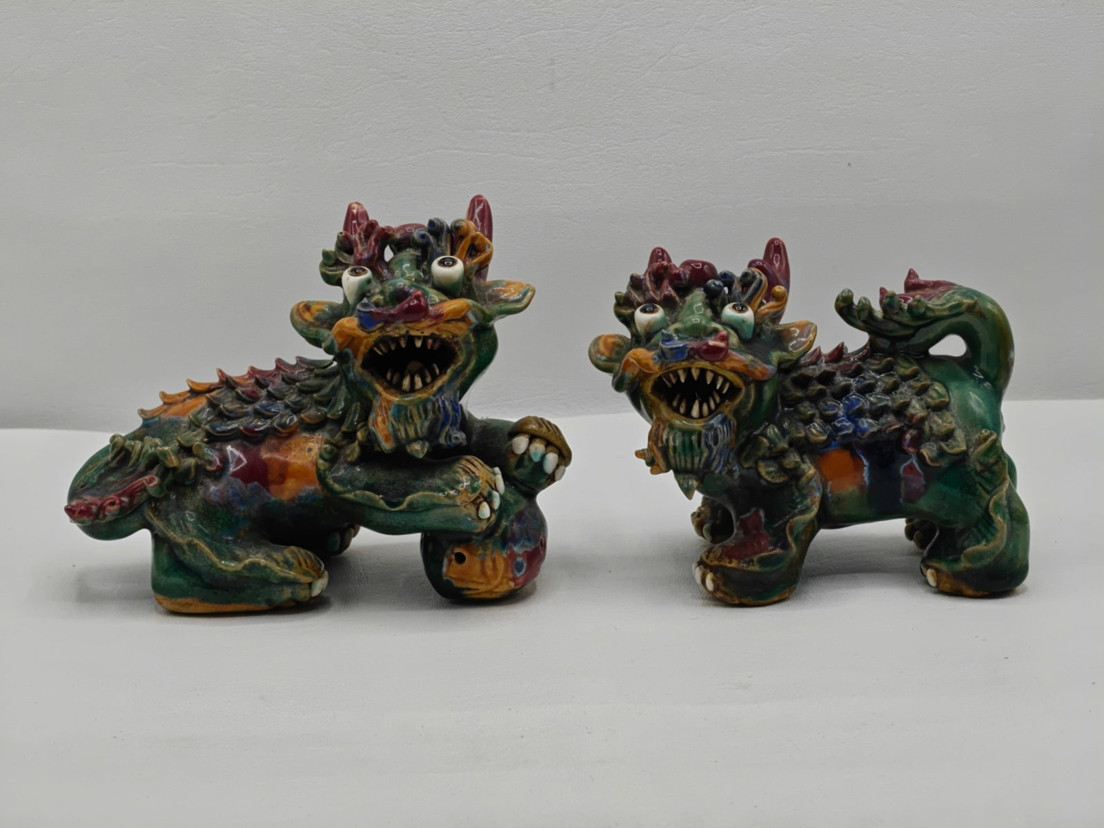 Pair Chinese Wucai Porcelain Dragon Head Figures (1 of 5)