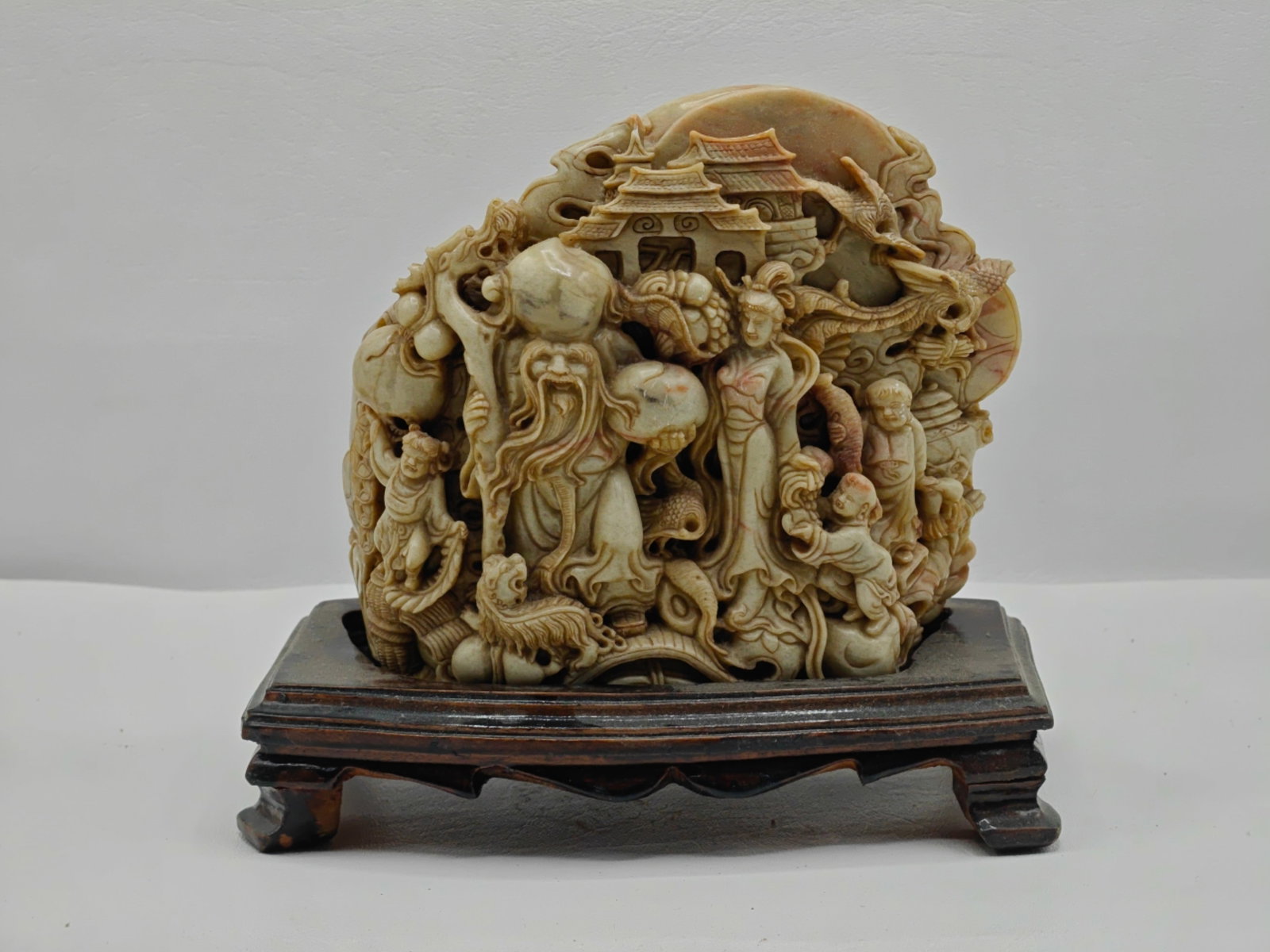 Chinese Carved Stone Figure Group of Shoulao with Immortals on Stand (1 of 5)