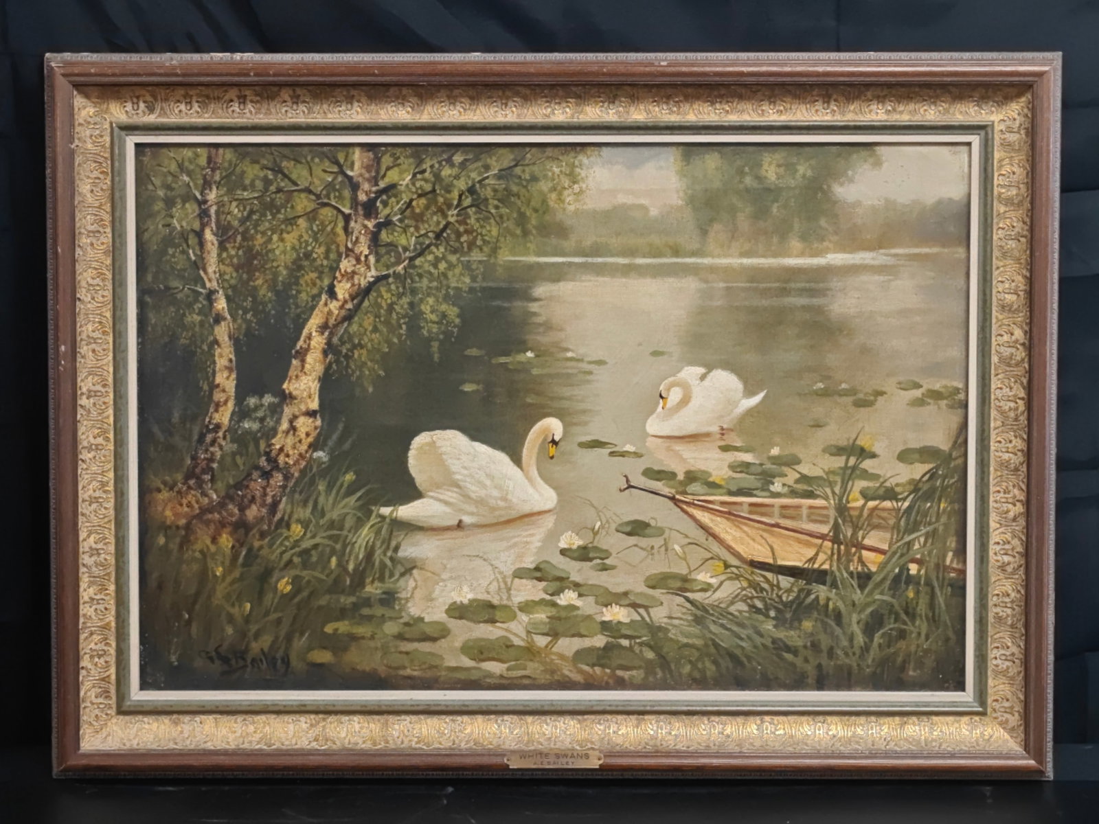 Albert E. Bailey White Swans Oil on Canvas Painting (1 of 4)