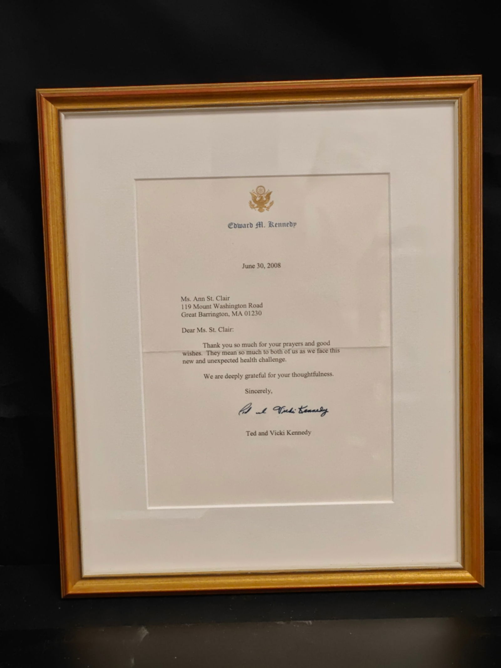 Ted & Vicki Kennedy Signed Letter on Edward M. Kennedy Letterhead 2008 Framed (1 of 5)