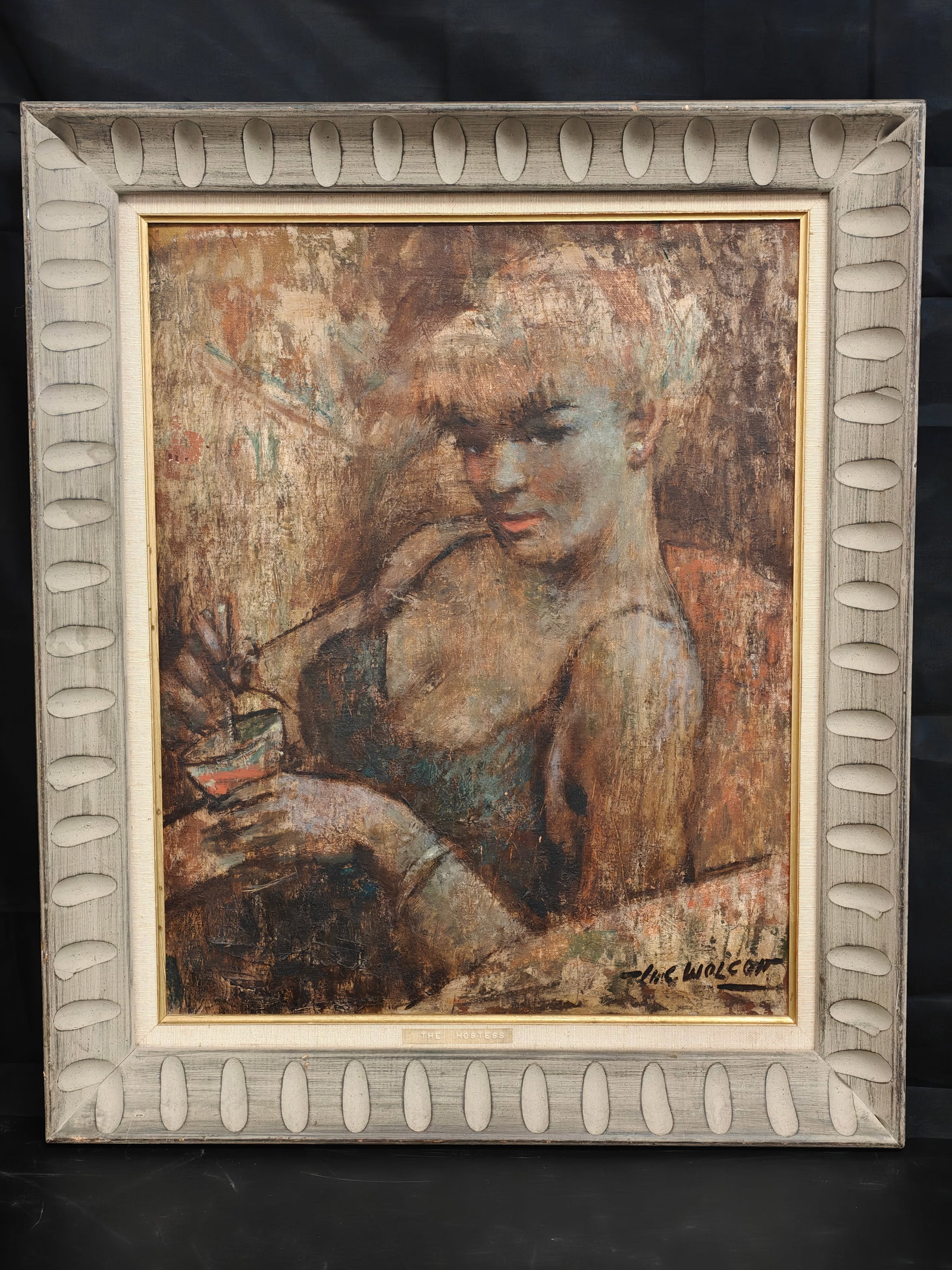 H.C. Wolcott “The Hostess" Oil on Board Painting, 1969 Salmagundi Club Exhibition: Expressive mid-century oil on board painting titled “The Hostess” by H.C. Wolcott, depicting a stylized female figure holding a drink. The work features textured brushwork and warm, earthy ton