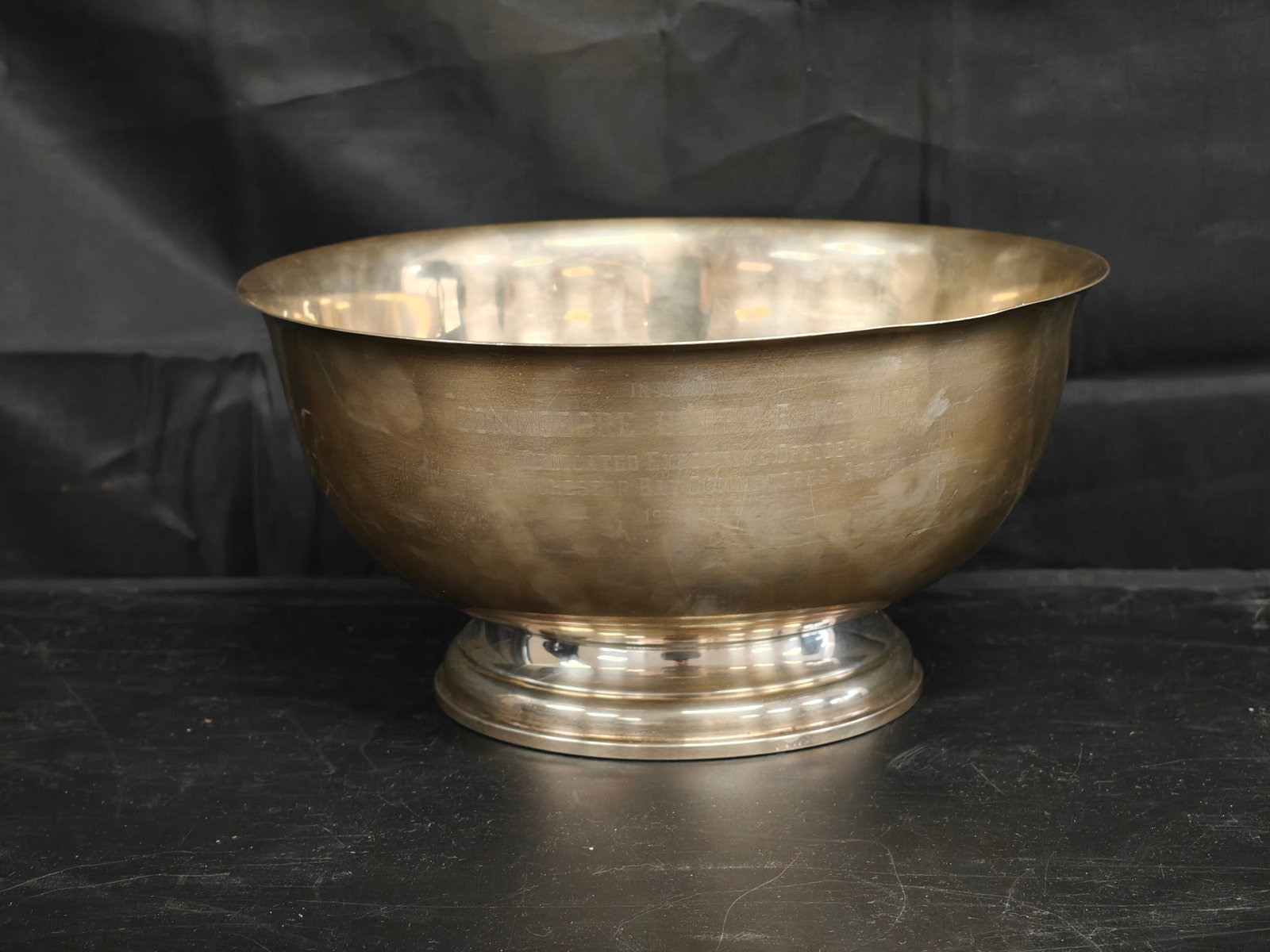 Newport Sterling Silver Paul Revere Reproduction Presentation Bowl: Substantial Newport Sterling footed bowl in the classic Paul Revere form, marked "Paul Revere Reproduction, circa 1768" and "Newport Sterling." This impressive example weighs approximately 709 grams a
