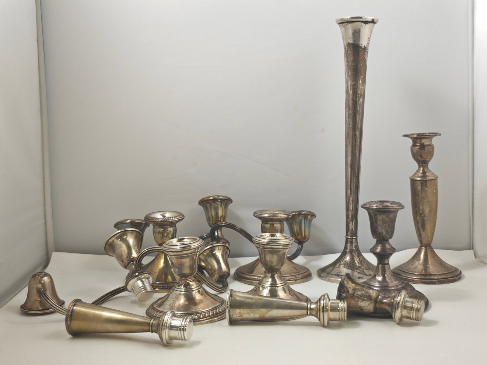 Group of Weighted Sterling Silver Candlesticks & Vases (1 of 6)
