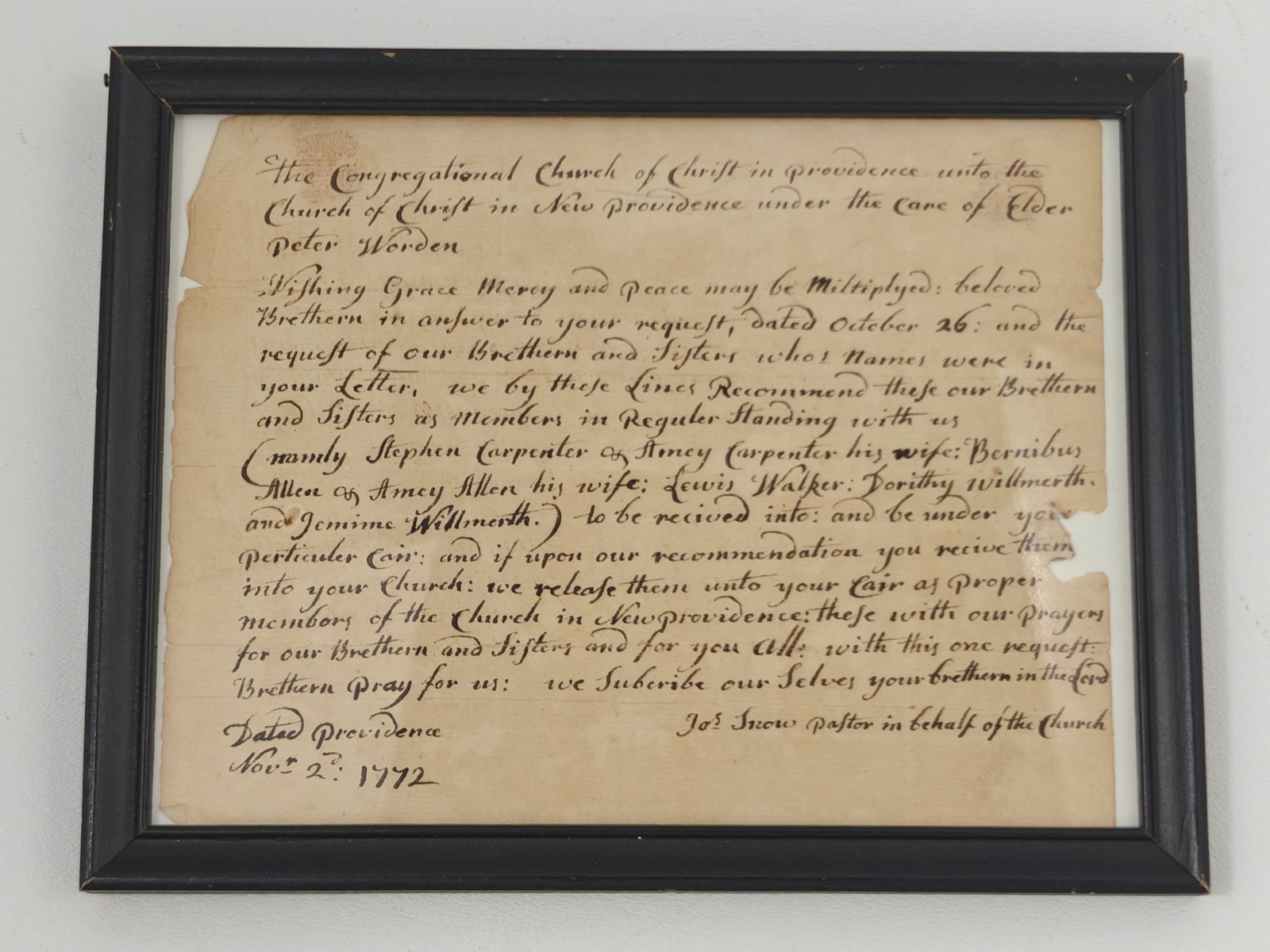 Framed 1772 Providence Congregational Church Letter of Commendation (1 of 4)