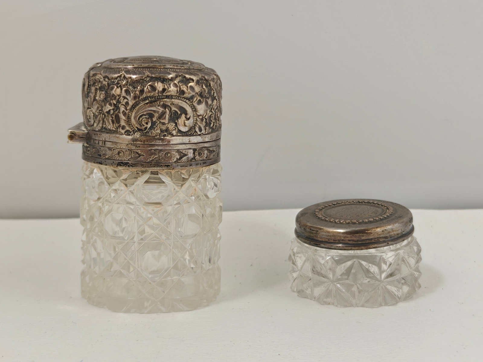 Antique Sterling Silver Mounted Cut Crystal Scent Bottle & Vanity Pot (1 of 6)