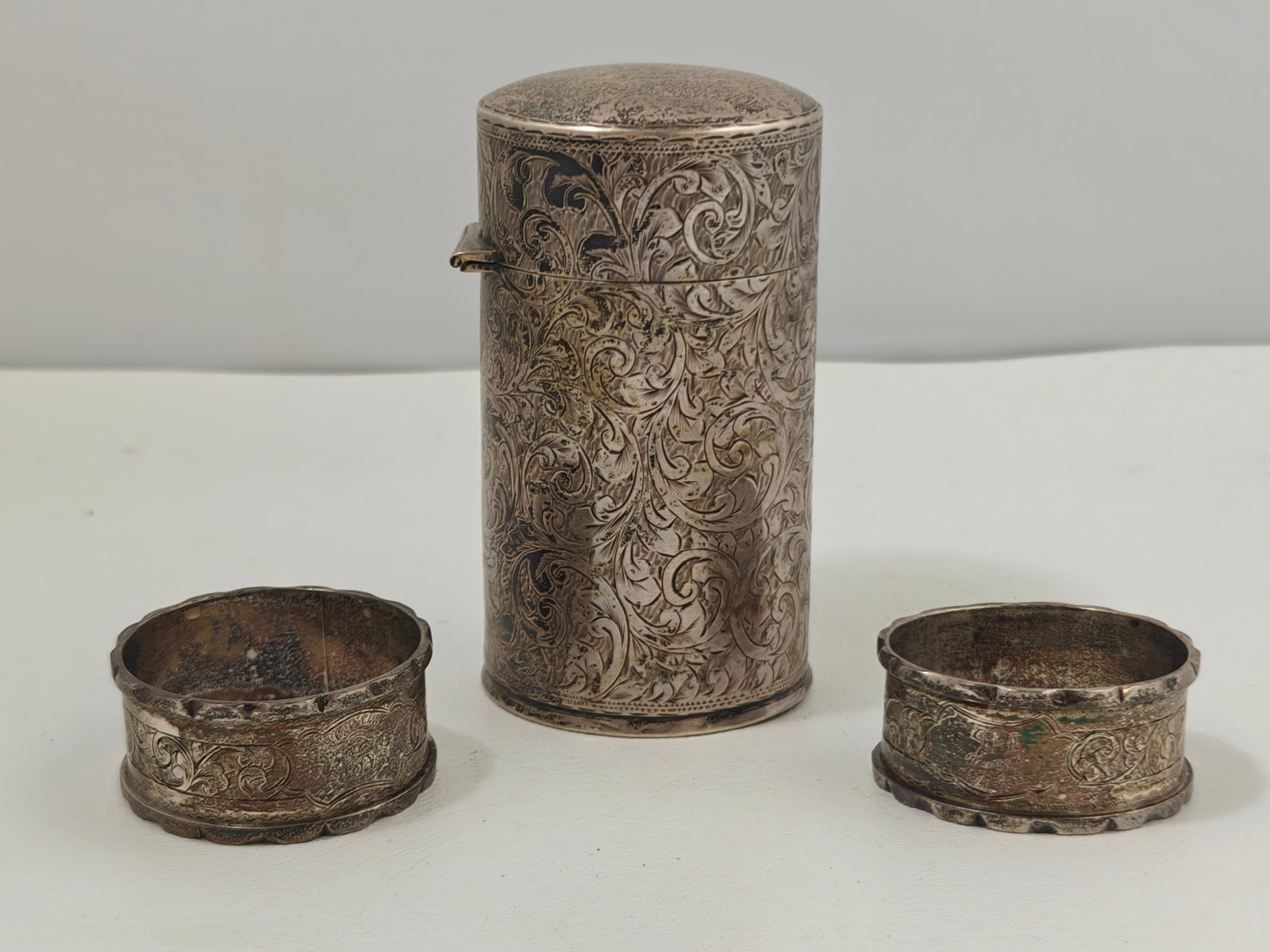 Victorian Sterling Silver Scent Bottle with Two Sterling Napkin Rings (1 of 10)