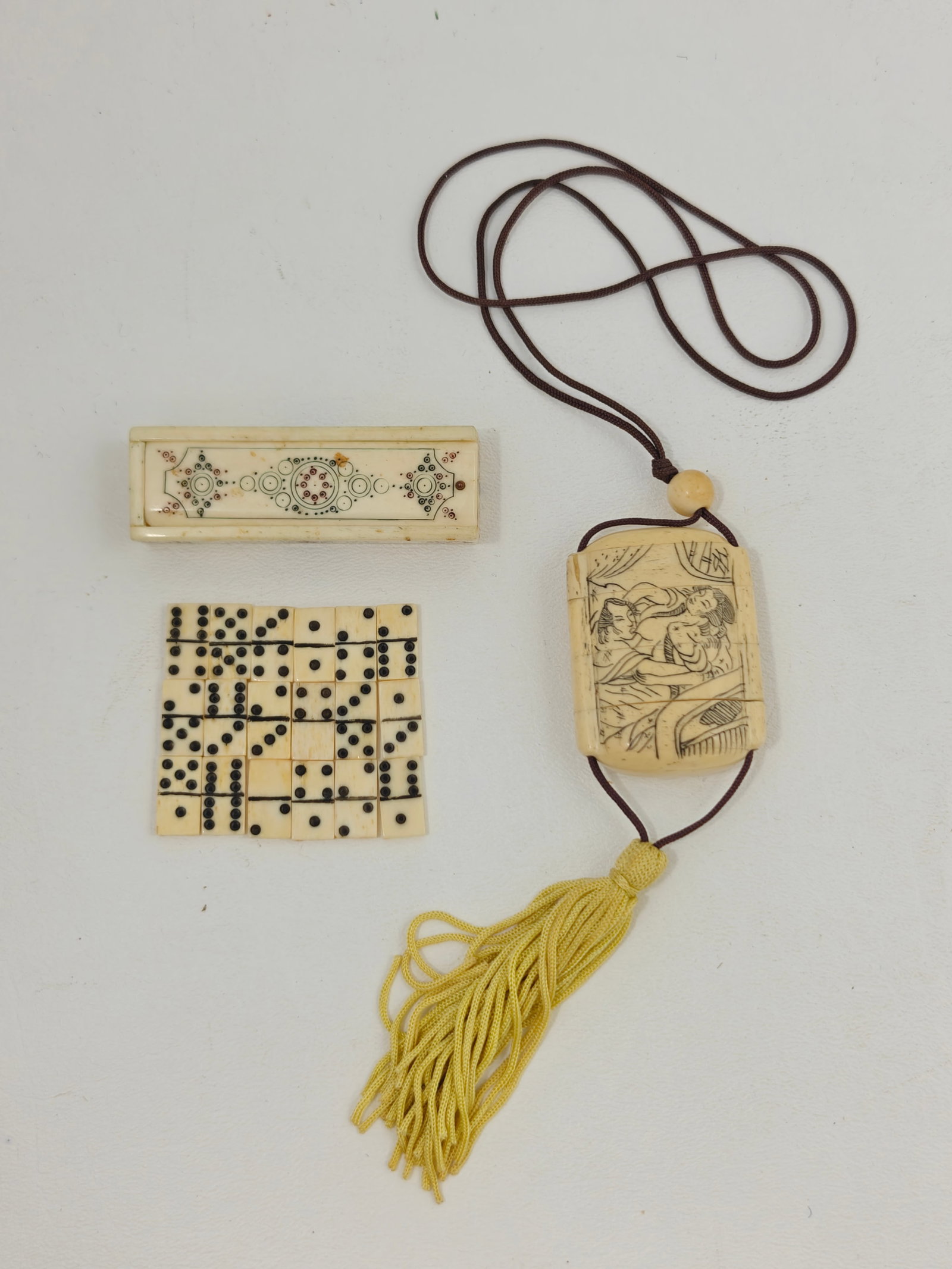 Folk Art Bone Miniature Domino Set with Box and Japanese Bone Inro (1 of 8)