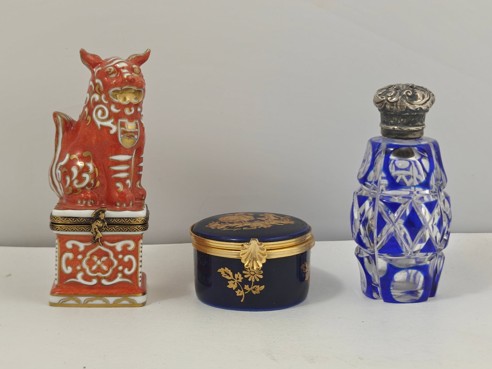 Two Limoges Trinket Boxes; Together with Blue Bohemian Glass Bottle with Sterling Silver Top (1 of 6)