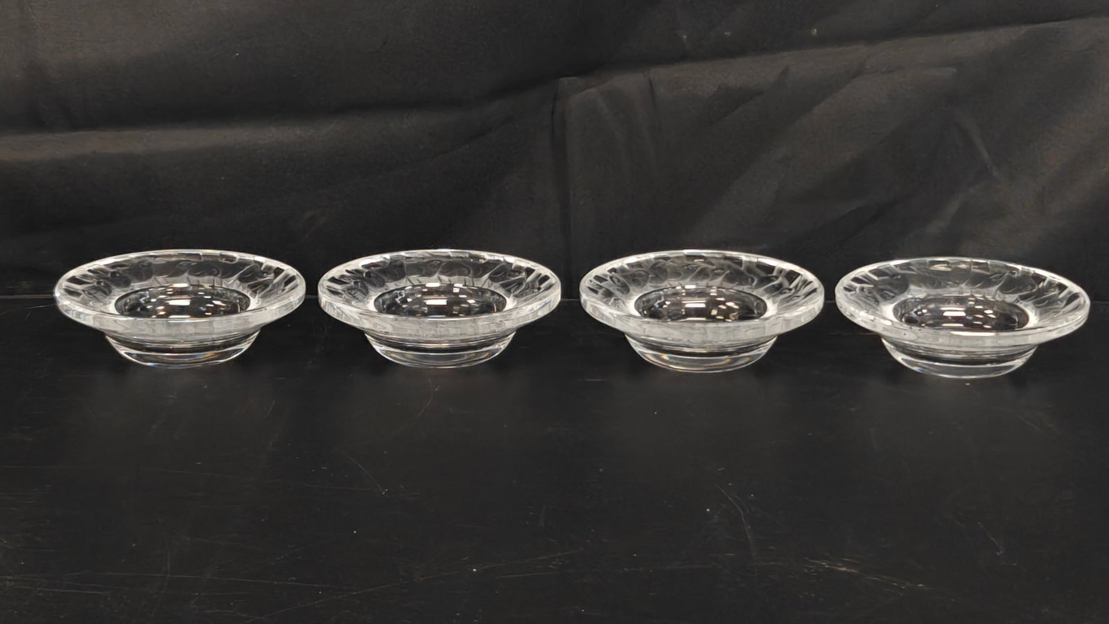 Set of 4 Lalique France "Birds" Crystal Cendrier Irene Ashtrays: Set of four Lalique France clear crystal "Cendrier Irene" ashtrays or small dishes, each featuring a continuous border of molded birds in relief and acid-etched Lalique France signature. Suitable for 