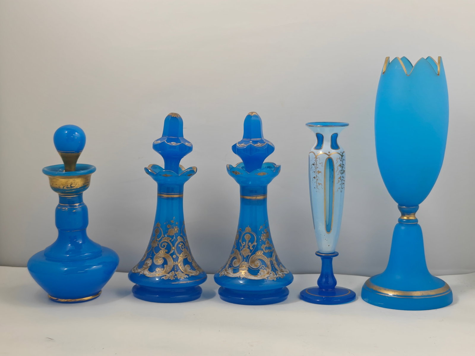 Collection of Five Blue Opaline Art Glass Vessels and Decanters (1 of 7)