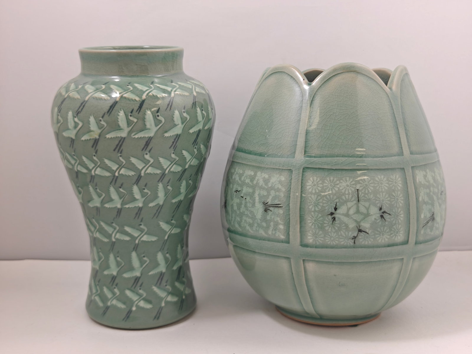 Korean Celadon Crane Vase & Crackle Glaze Pottery Vase (1 of 6)