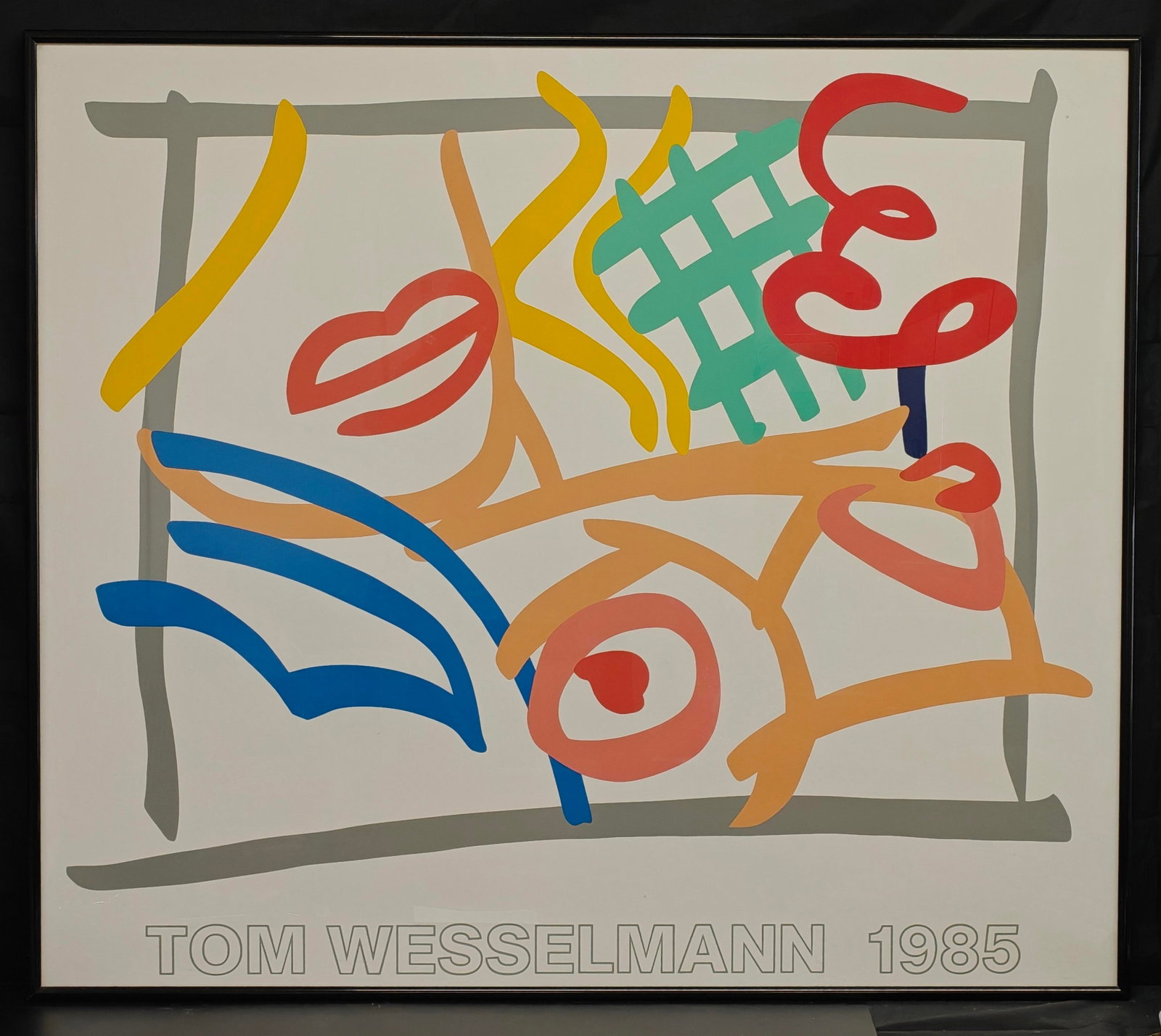 Tom Wesselmann "Bedroom Blonde with Green Drape" 1985 Framed Exhibition Poster: Vintage framed exhibition poster after Tom Wesselmann (American, 1931–2004), depicting Bedroom Blonde with Green Drape, dated 1985. Offset color print with the artist's name and date printed along t