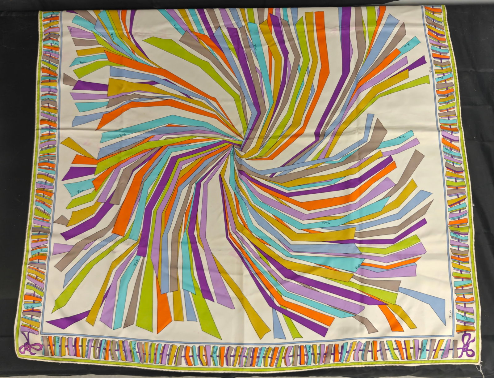 Emilio Pucci Geometric Spiral Print Silk Scarf: Vintage Emilio Pucci silk scarf featuring a striking abstract spiral design composed of multicolored geometric ribbons in shades of purple, turquoise, lime green, orange, gold, taupe, and blue against