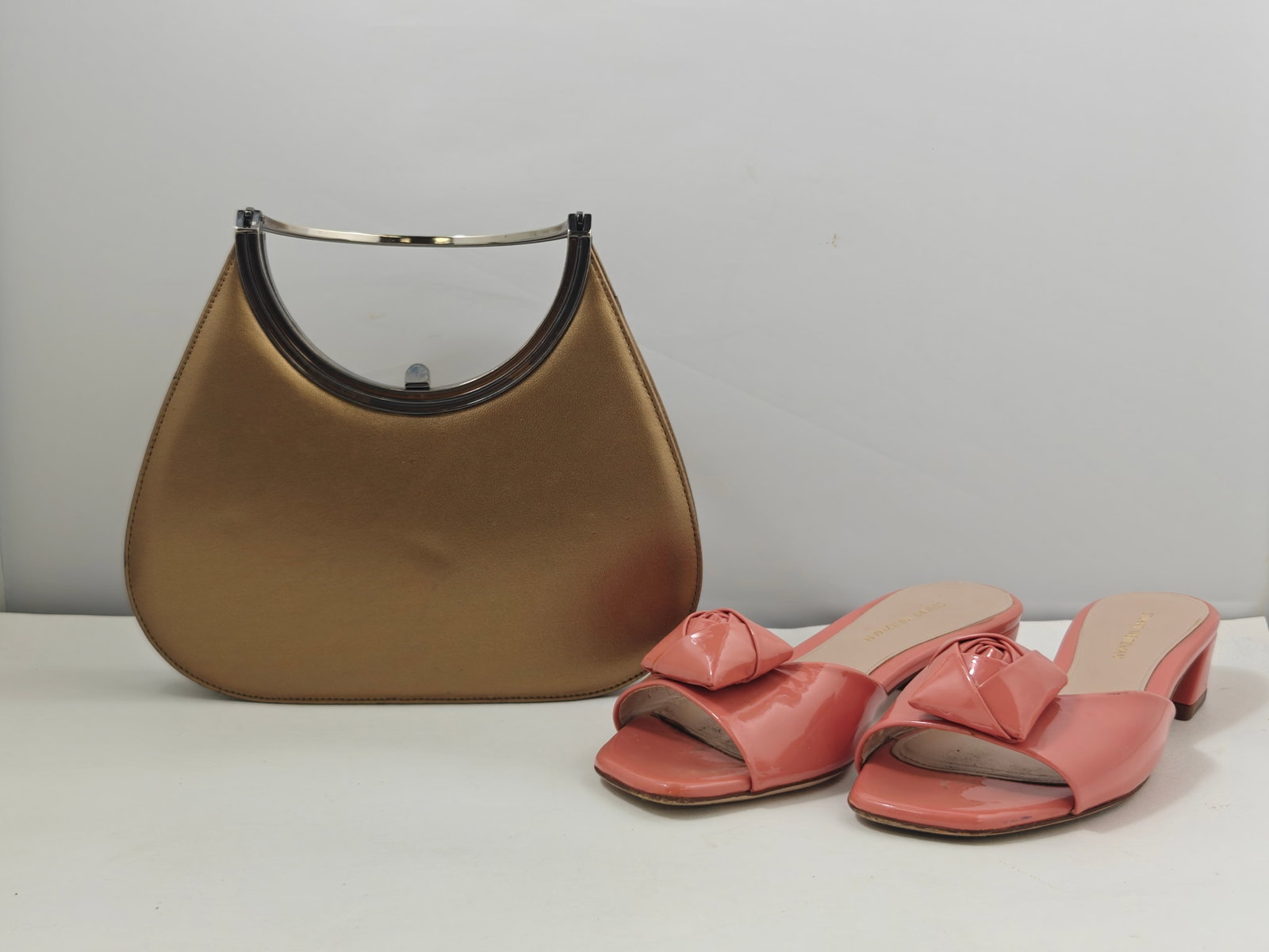 Stuart Weitzman Coral Patent Leather Bow Slide Sandals, Size 6, with Bronze Metallic Leather Handbag (1 of 13)
